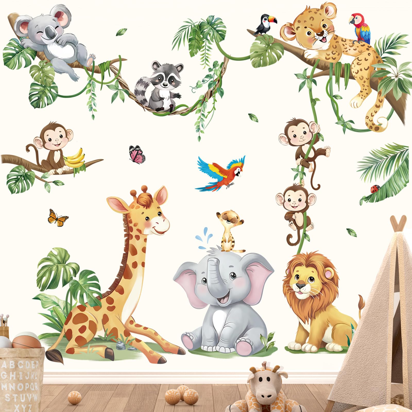 decalmile Safari Animals Tree Branch Wall Stickers Jungle Animals Giraffe Elephant Leopard Tropical Leaves Wall Decals Baby Nursery Kids Room Wall Decor - Image 3