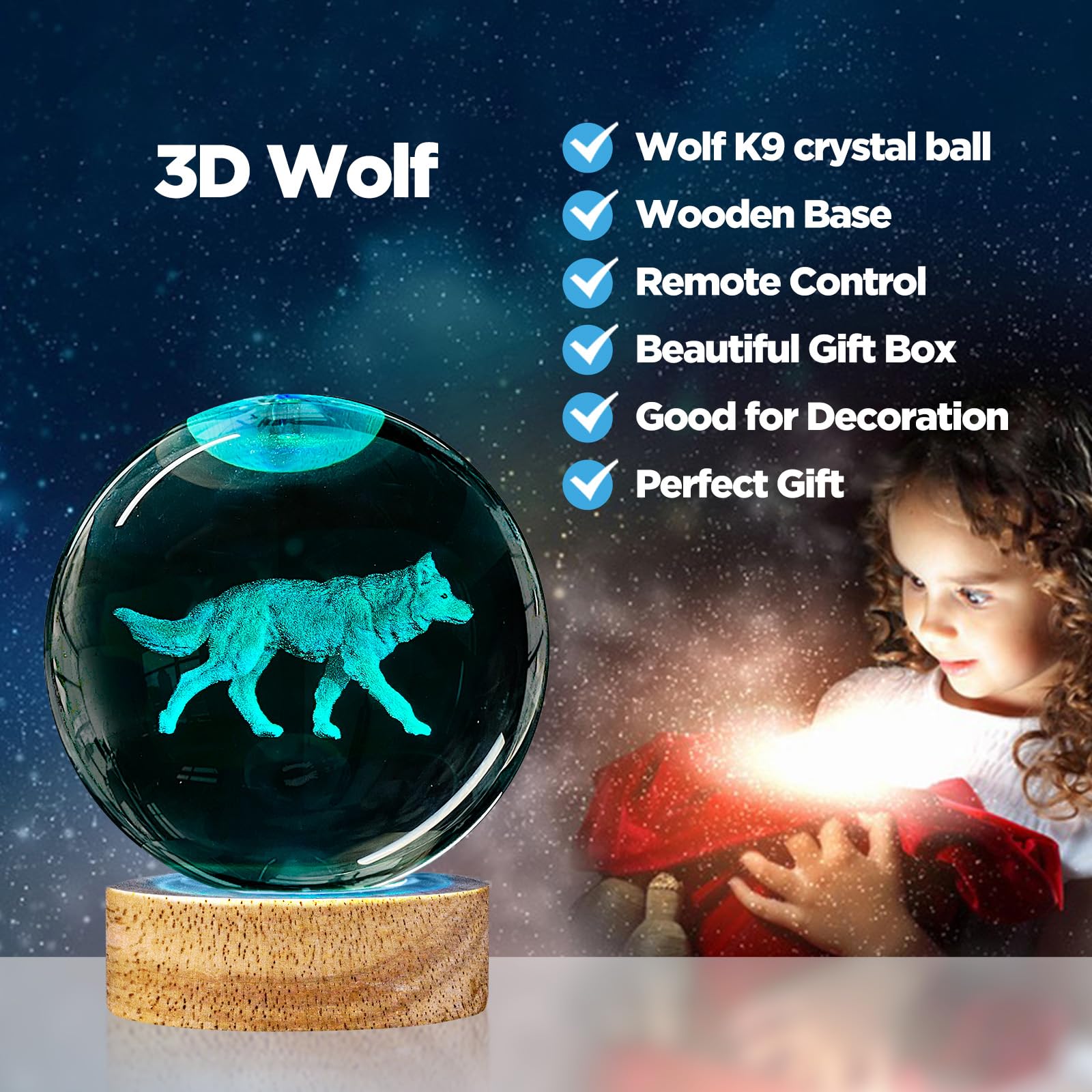 Lampka nocna 3D z kryształową kulą wilka, 8 cm k9, kryształowa kula z 16 zmieniającymi się kolorami, drewniana podstawa i pilot zdalnego sterowania, figurka wilka, statuetka, prezenty dla
