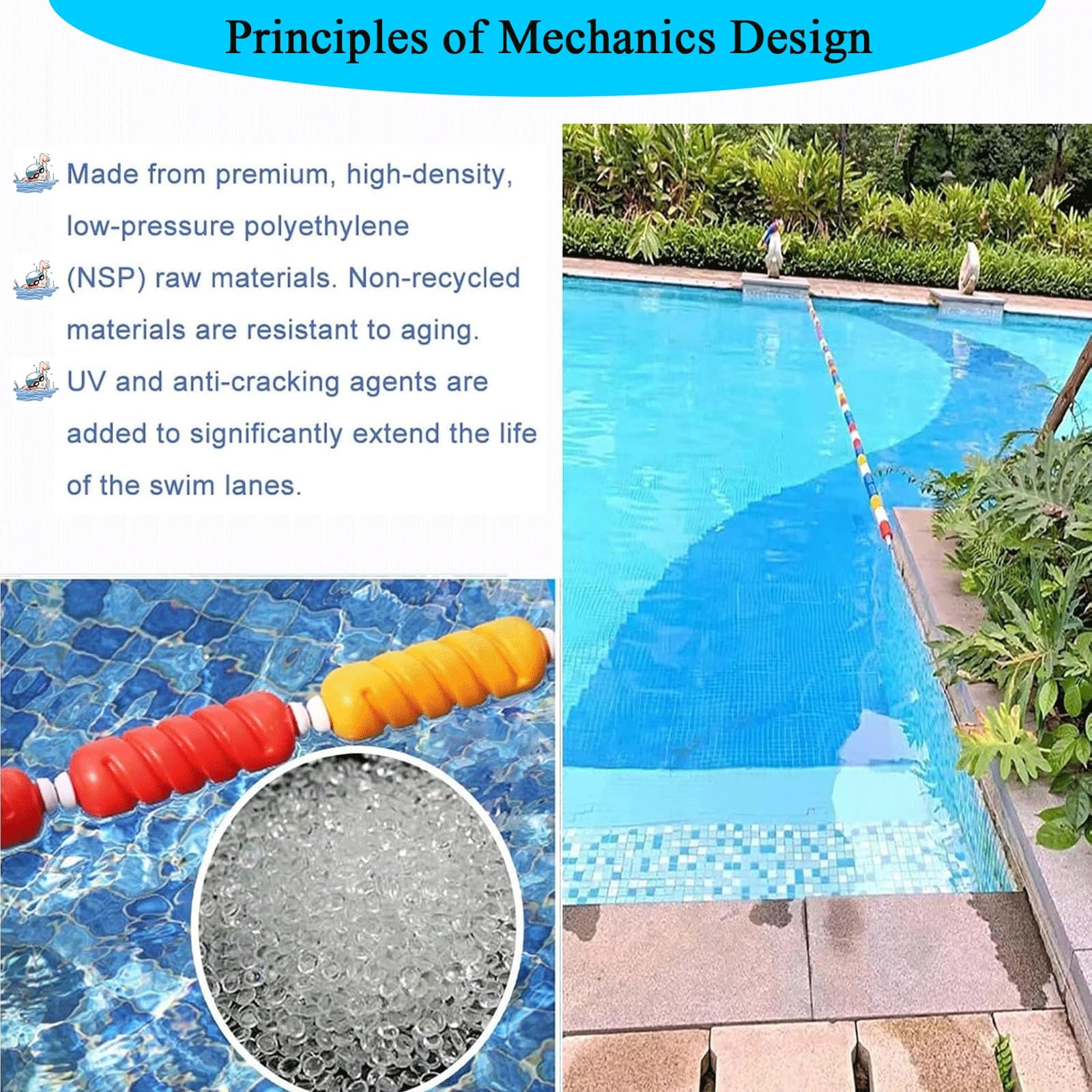 Kit Completo di Corda Galleggiante per Piscina, Linea divisoria di Sicurezza da 4,88 m con 2 Ganci e galleggianti, Corda in Polipropilene Regolabile per Piscina, Palestra Domestica