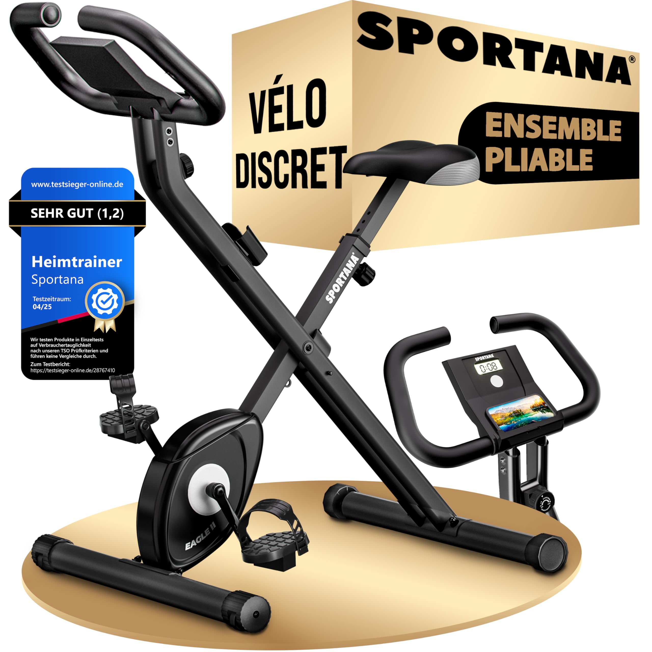 SPORTANA® Eagle 2 Vélo d'appartement d'exercice pliable silencieux 16 niveaux 2 sangles fitness vélo semi-​allongé