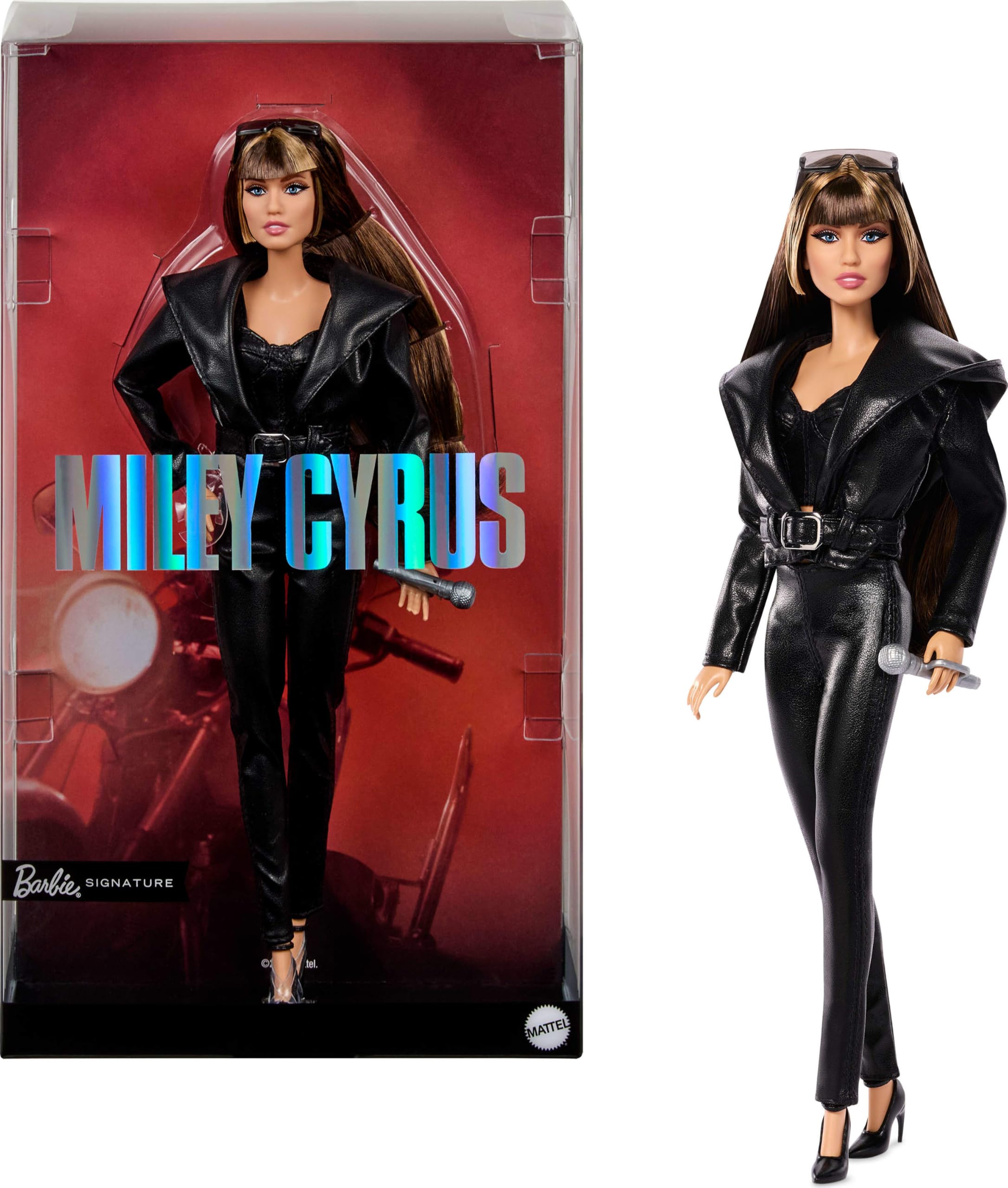Barbie Signature Miley Cyrus Lalka kolekcjonerska, czarny strój ze sztucznej skóry: spodnie i kurtka z kapturem, buty na obcasie, lalka dla dzieci 6+, fanów i kolekcjonerów, JJY06