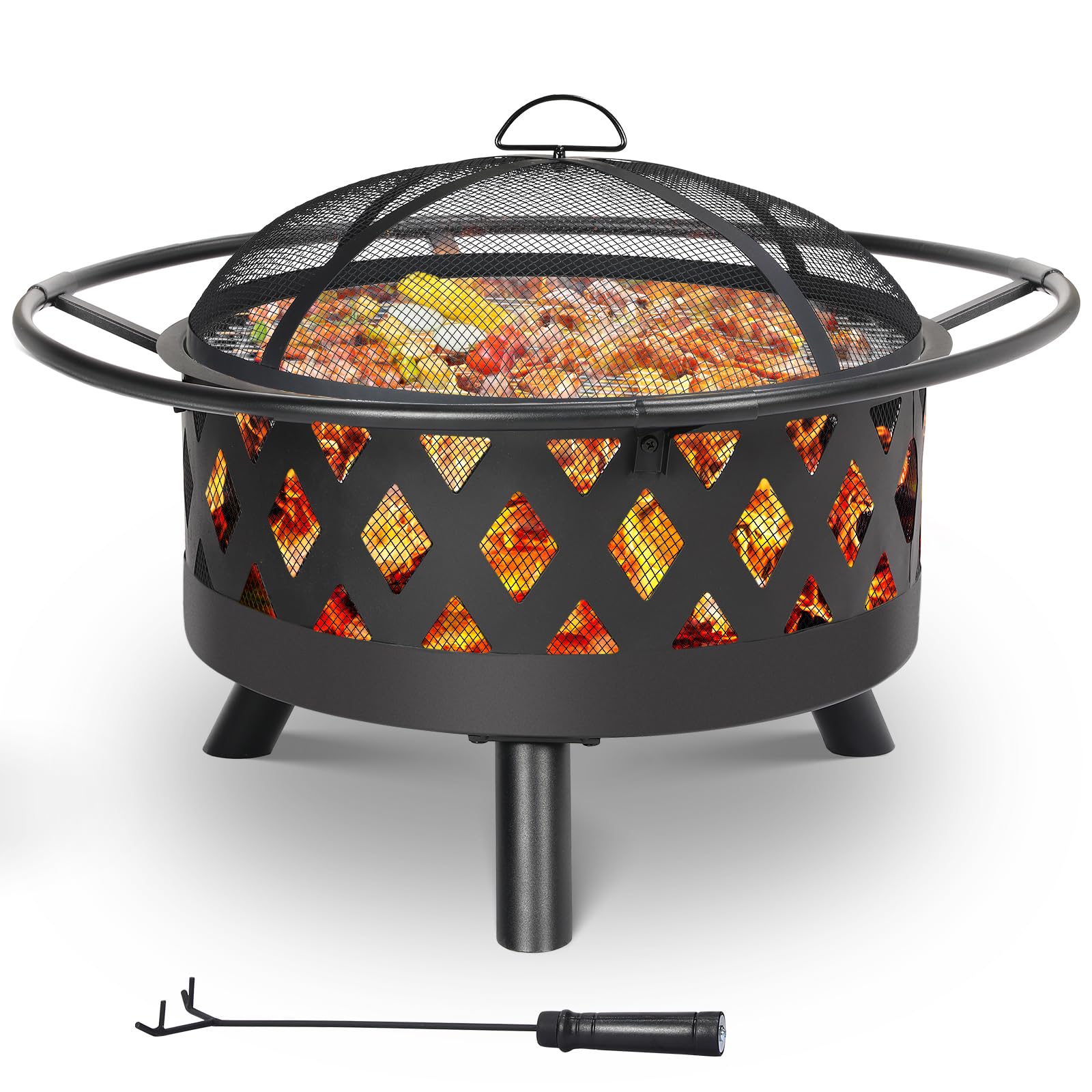 TLSUNNY Braciere con Griglia, Grande Braciere da Giardino con Parascintille & Attizzatoio, Ø 80 cm Bracieri da Esterno per Barbecue, Multifunzionale, Barbecue e Riscaldamento
