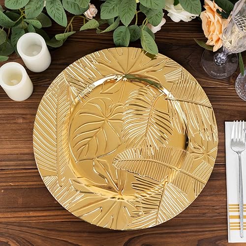 Efavormart - Paquete de 6 platos para servir de plástico acrílico dorado metálico con hojas tropicales en relieve, 13 pulgadas redondas decorativas