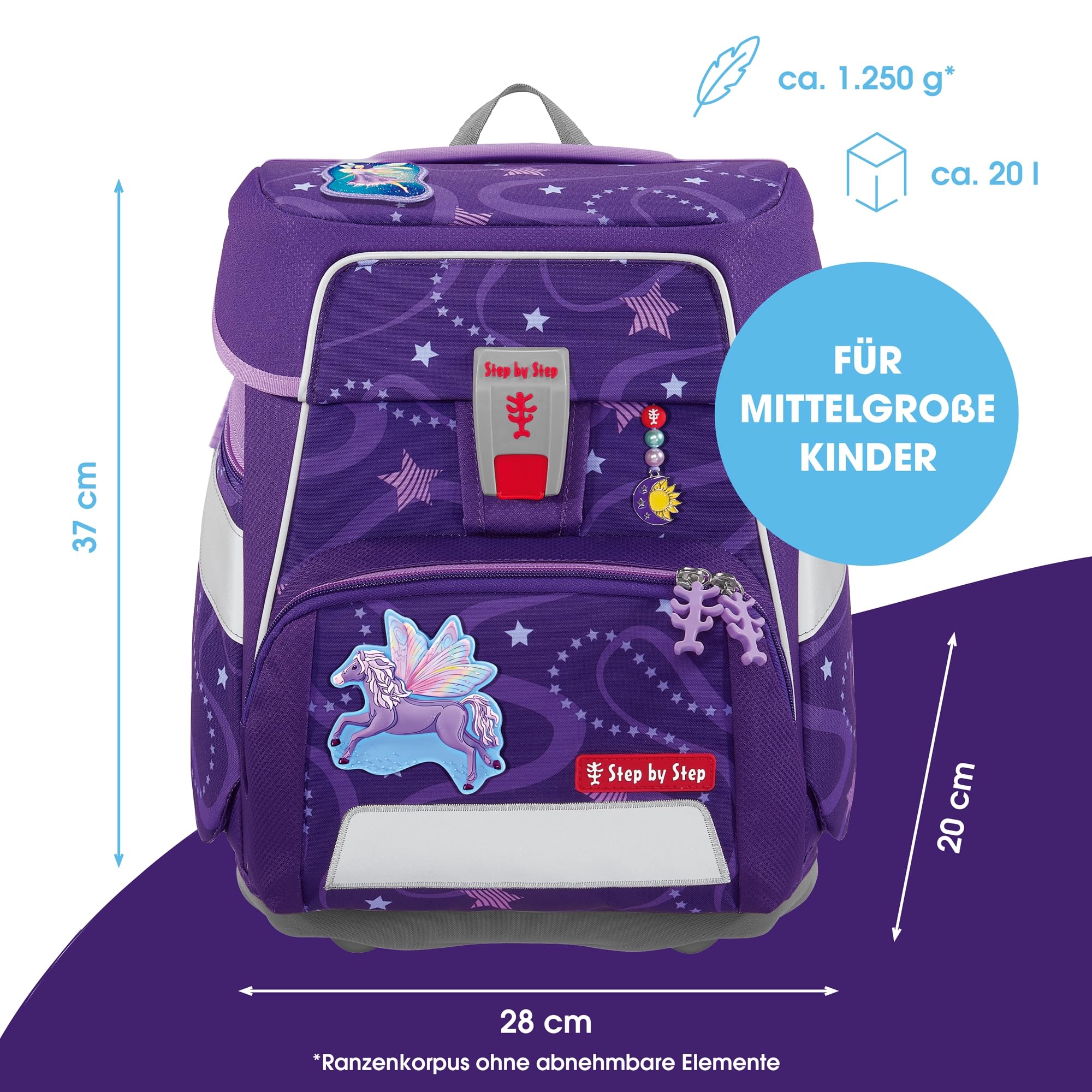 Step by Step Tornister szkolny Space, 5-częściowy, ergonomiczny tornister z odblaskami, regulacja wysokości z paskiem biodrowym, od 1. klasy, 20 l, Pegasus Emily - fioletowy, Rozmiar uniwersalny