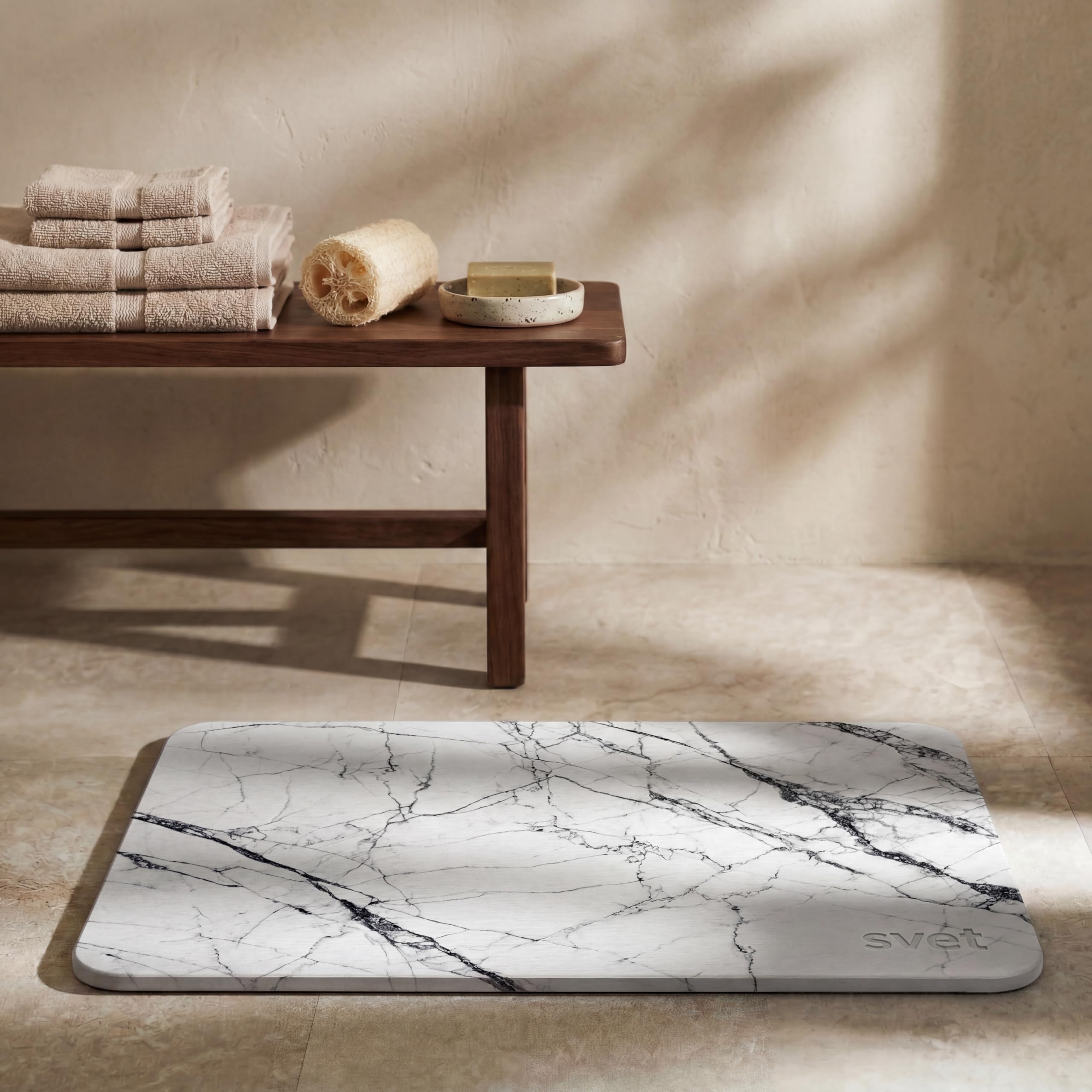 Svet - Alfombra Diatomita Baño - Secado Rápido y Ultra Absorbente, Antideslizante, Antibacteriana y Antihongos, Alfombrilla Baño Diatomita de Piedra. (Mármol Blanco)