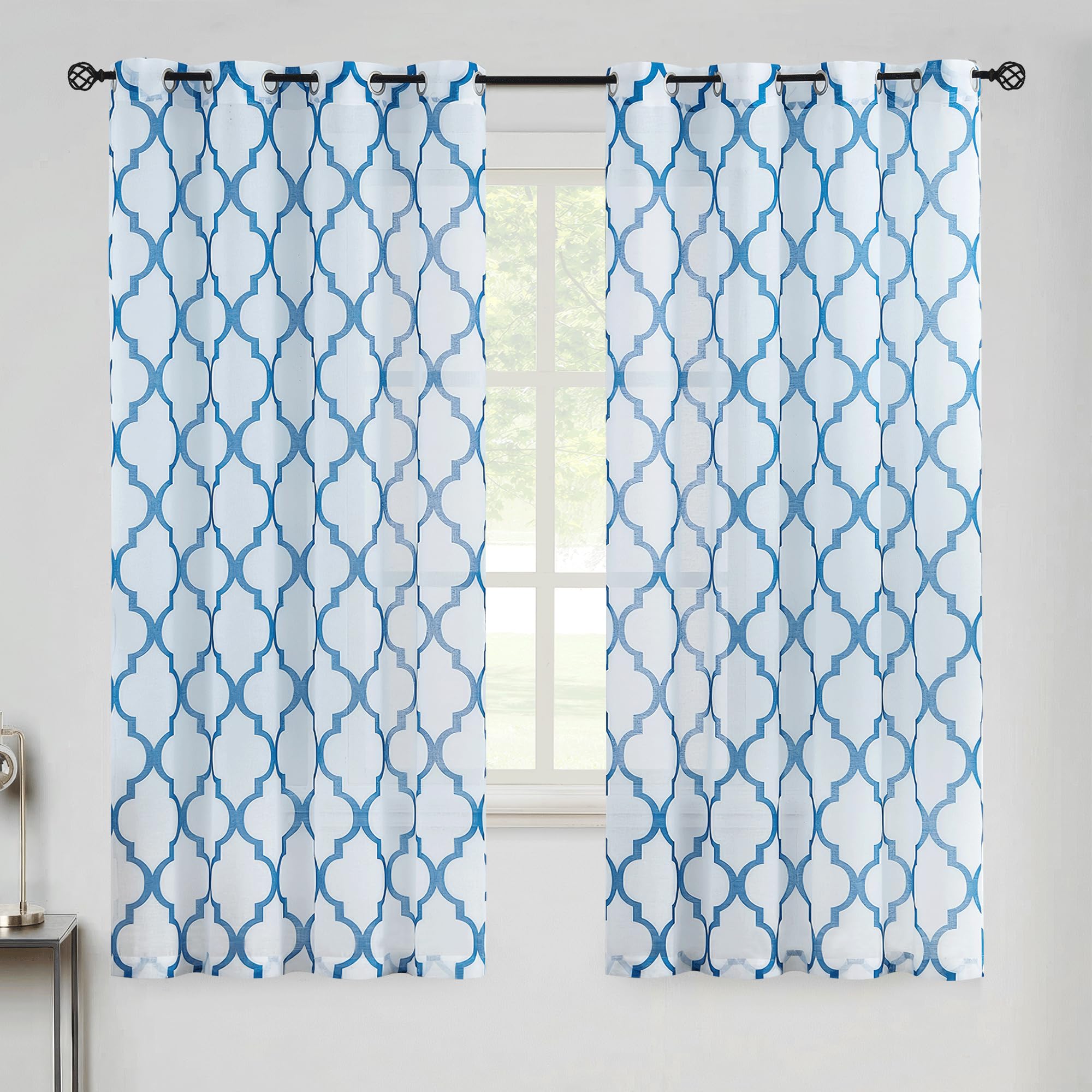 Metro Parlor Linen Semi Sheer Curtains 63 Inches Long 2 Panel for Living Room Bedroom Blue White Farmhouse Moroccan Pattern Printed Window Treatments