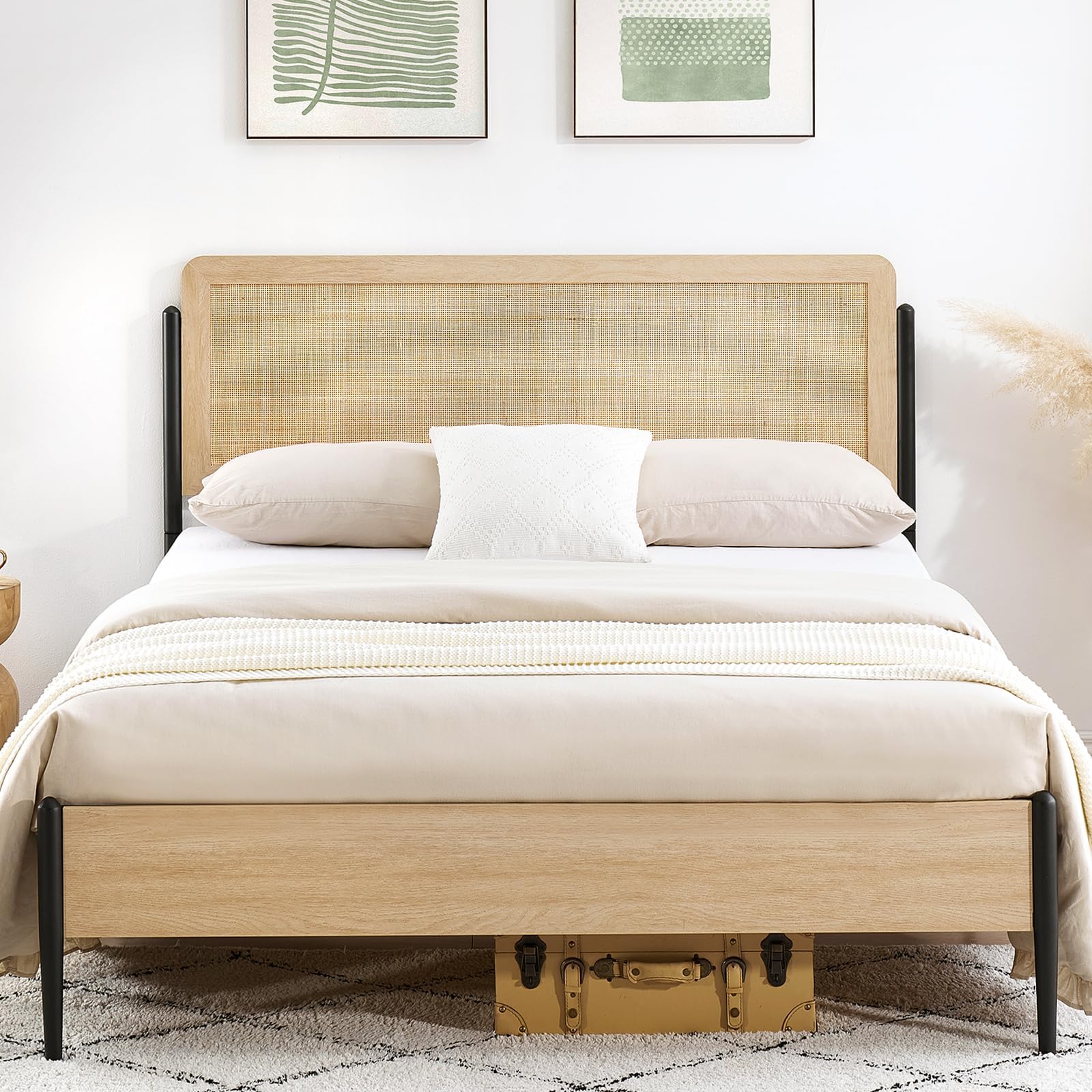 GarveeHome Queen Metal Bed Frame with Rattan, Bohe Style Platform Bed Frame with Underbed Storage Space, Headboard and Wooden Footboard, Noiseless, No Spring Box Needed