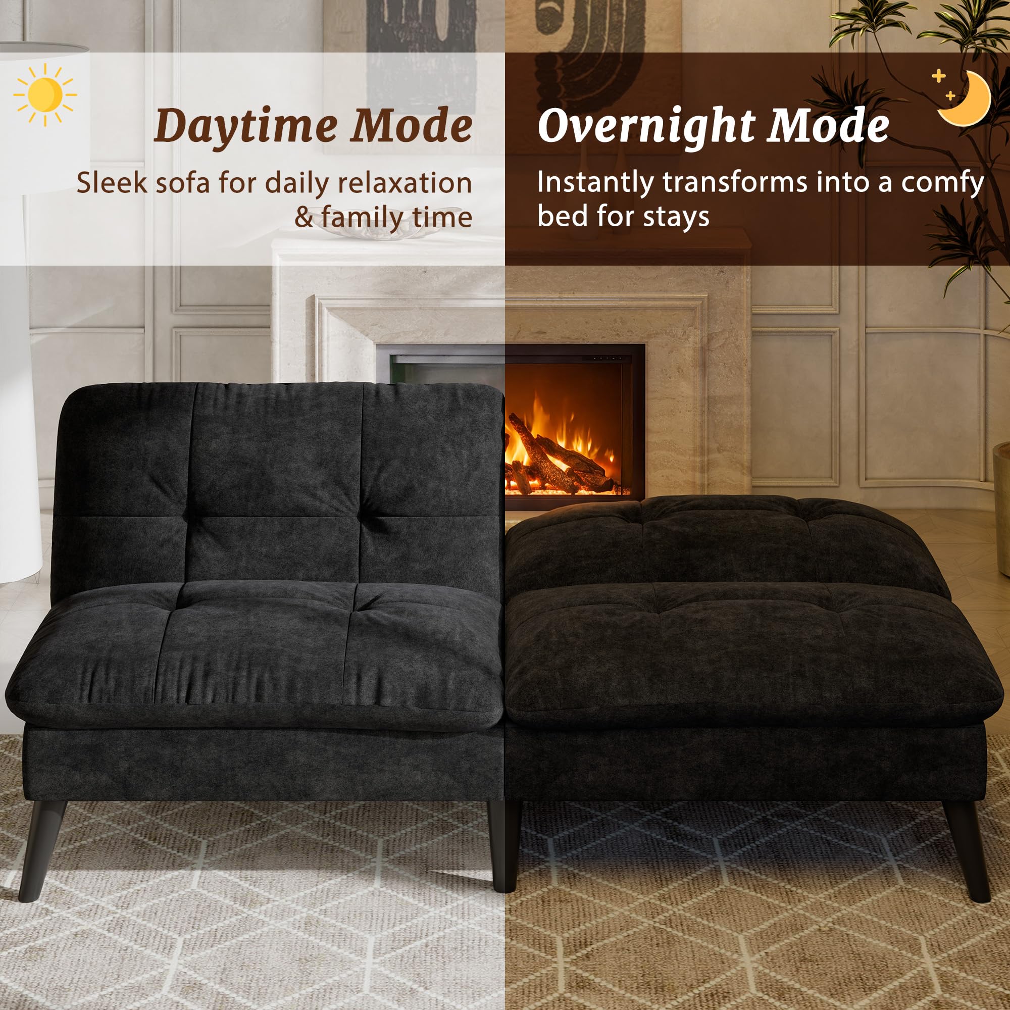 Shintenchi Futon Sofa Bed, Foldable Small Velvet Couch Bed with Adjustable Recliner, Space Saving 2 in 1 Sofa for Living Room, Apartment, or Guest Room, Black