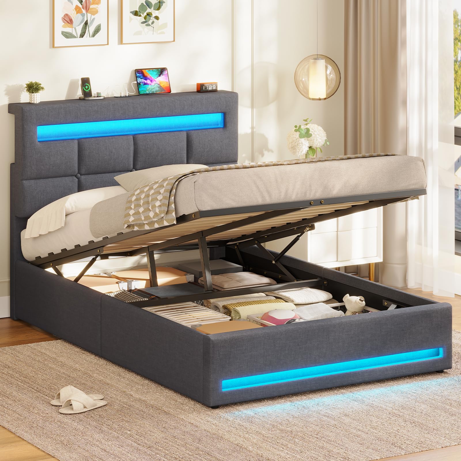 AOGLLATI 3ft Single Bed Frame 90×190 cm with Charging Station & LED Lights, Single Ottoman Bed with Under-bed Storage and Storage Headboard, No Box Spring Needed, Ottoman Storage Bed Dark Grey Linen
