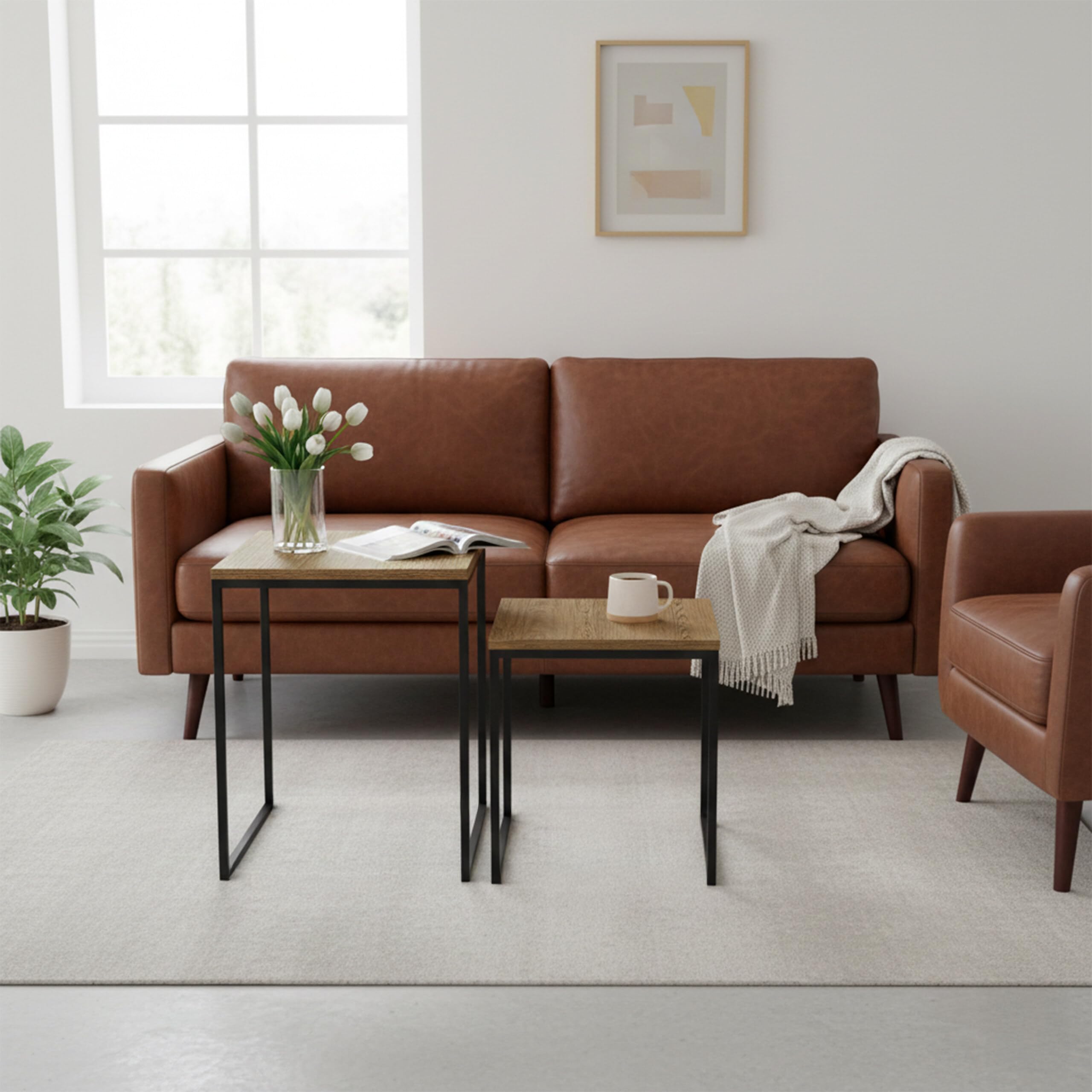 Relaxdays Set Tavolini da Salotto da 2, ad Incastro, Design Industriale, Impilabili, Moderni, Ferro, Effetto Legno/Nero