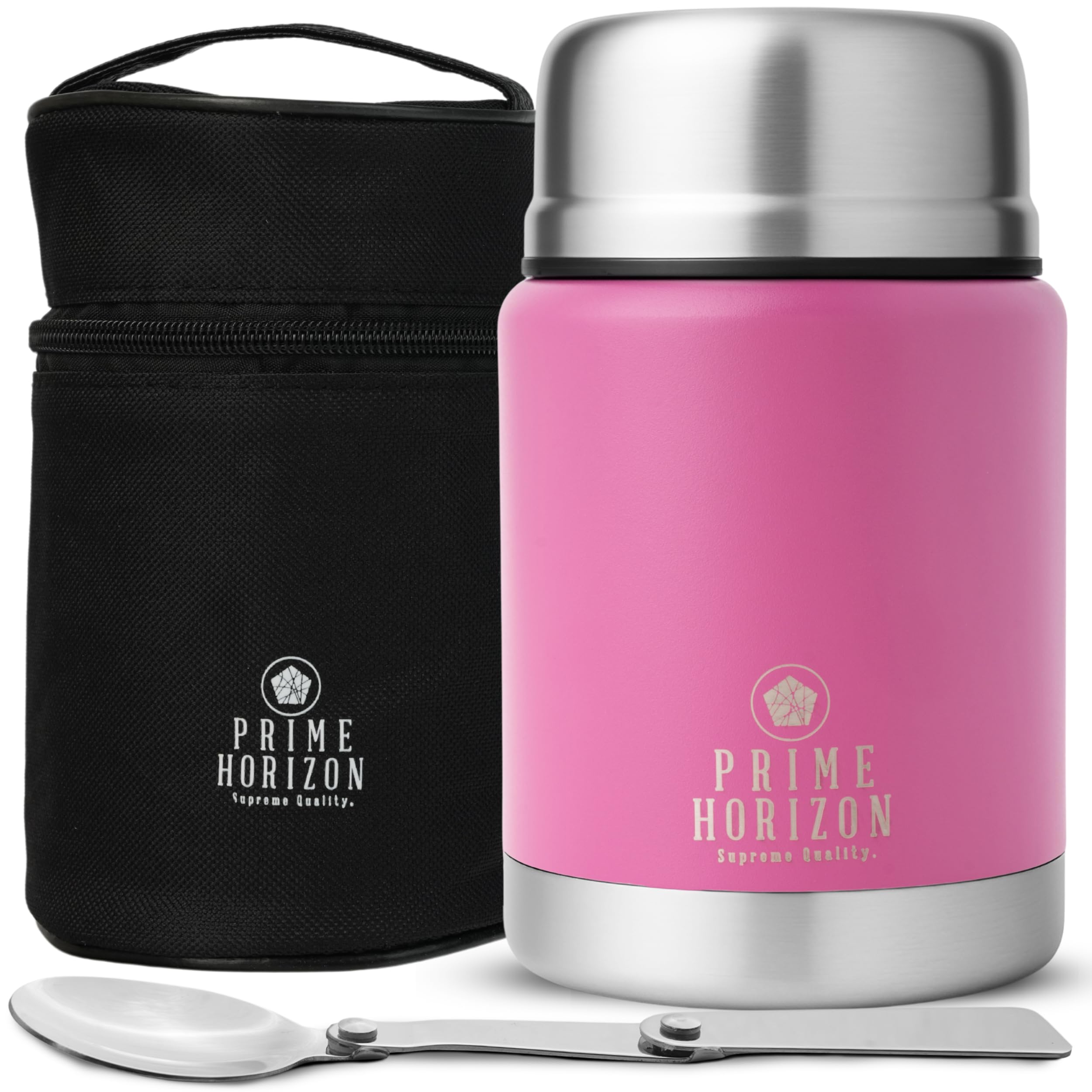 Prime Horizon Food Flask - 500ml Stainless Steel Vacuum Double Wall Jar with Folding Spoon, Leakproof and BPA Free. Free Insulated Travel Bag with Carabiner and Gift Box (Pink)