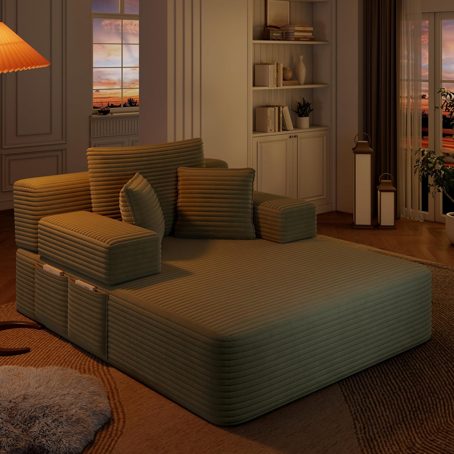 DEINPPA Luxurious Plush Corduroy Chaise Lounge with 3 Pillows, Convertible Sofa Bed with Storage Pocket, Frameless Design & Compression Foam for Small Spaces, Living Room, Apartment,Green