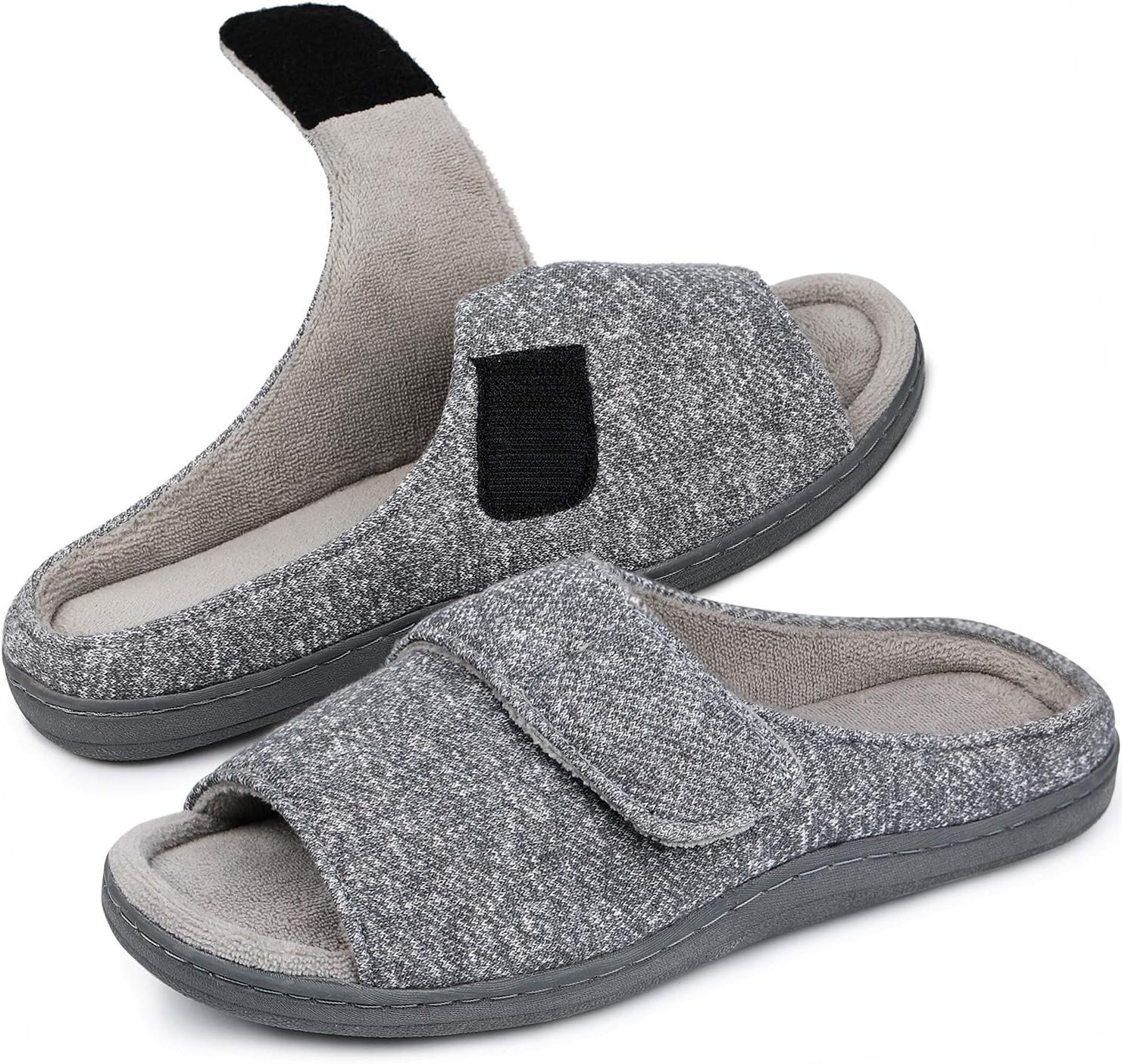 Snug Leaves Women's Memory Foam Open Toe Slide House Slippers with Adjustable Wrap (7-8 B(M) US, Light Gary)