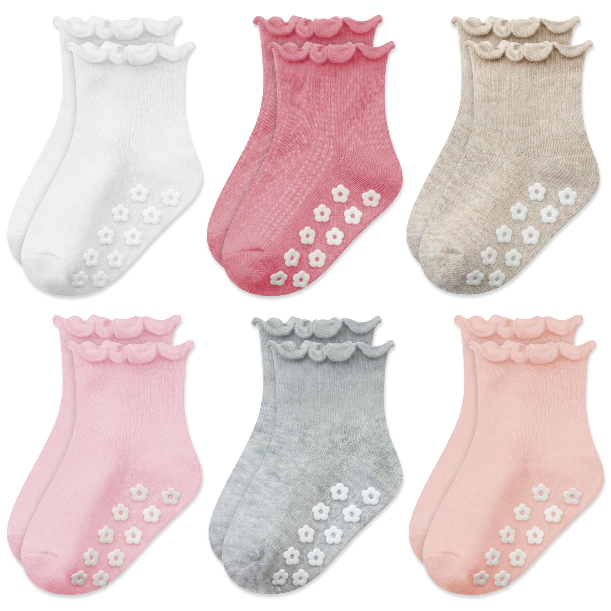 Mother's Choice Rainbow Organic Cotton Baby Socks 6 Pairs 6-12 Months Non-Slip Grip Socks For Infants & Toddlers, Soft Breathable Anti-Skid Socks With Cute Ruffle Design