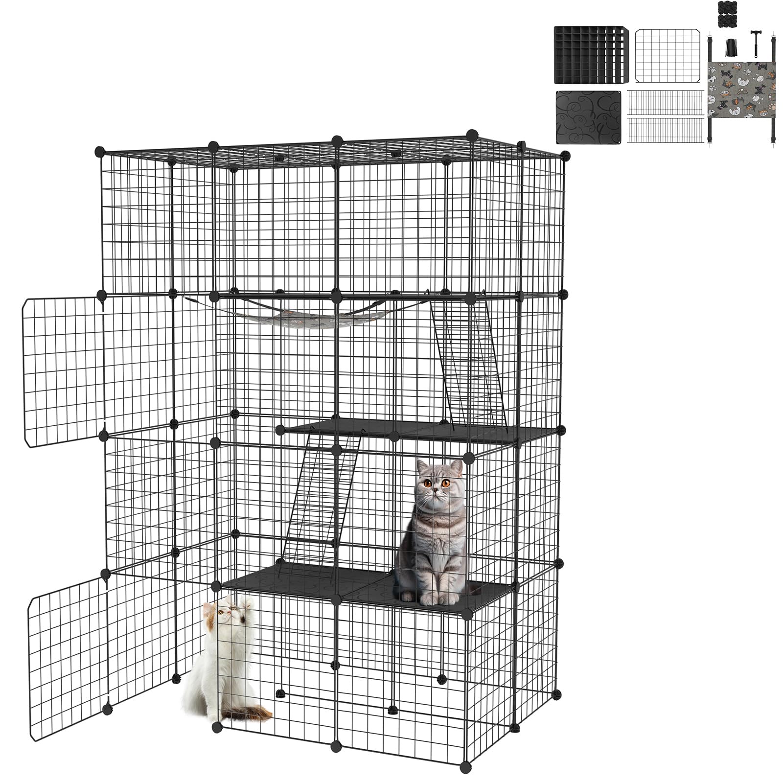 Froadp Jaula de metal para gatos con hamaca desmontable, 2 escaleras y 2 puertas, recinto para gatos de 4 pisos, transportable para gatos, conejos, chinchilla