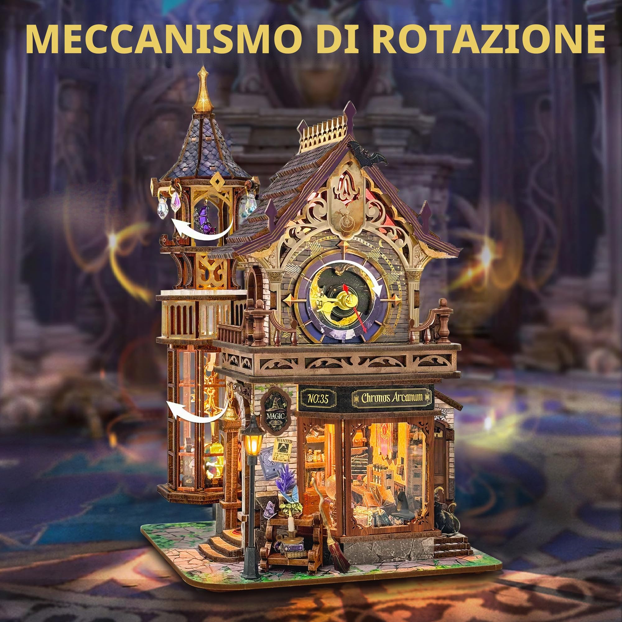 Time Magic Club (SQ-71) - Puzzle 3D in legno a forma di torre magica, kit fai da te per casa in miniatura con LED e musica, decorazione per libreria, regali artigianali per familiari e amici