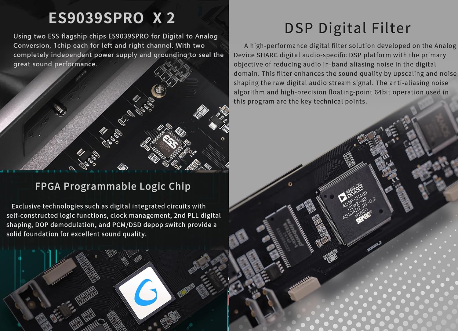 Close-up of the ES9039SPRO DAC chips and DSP digital filter circuit board.