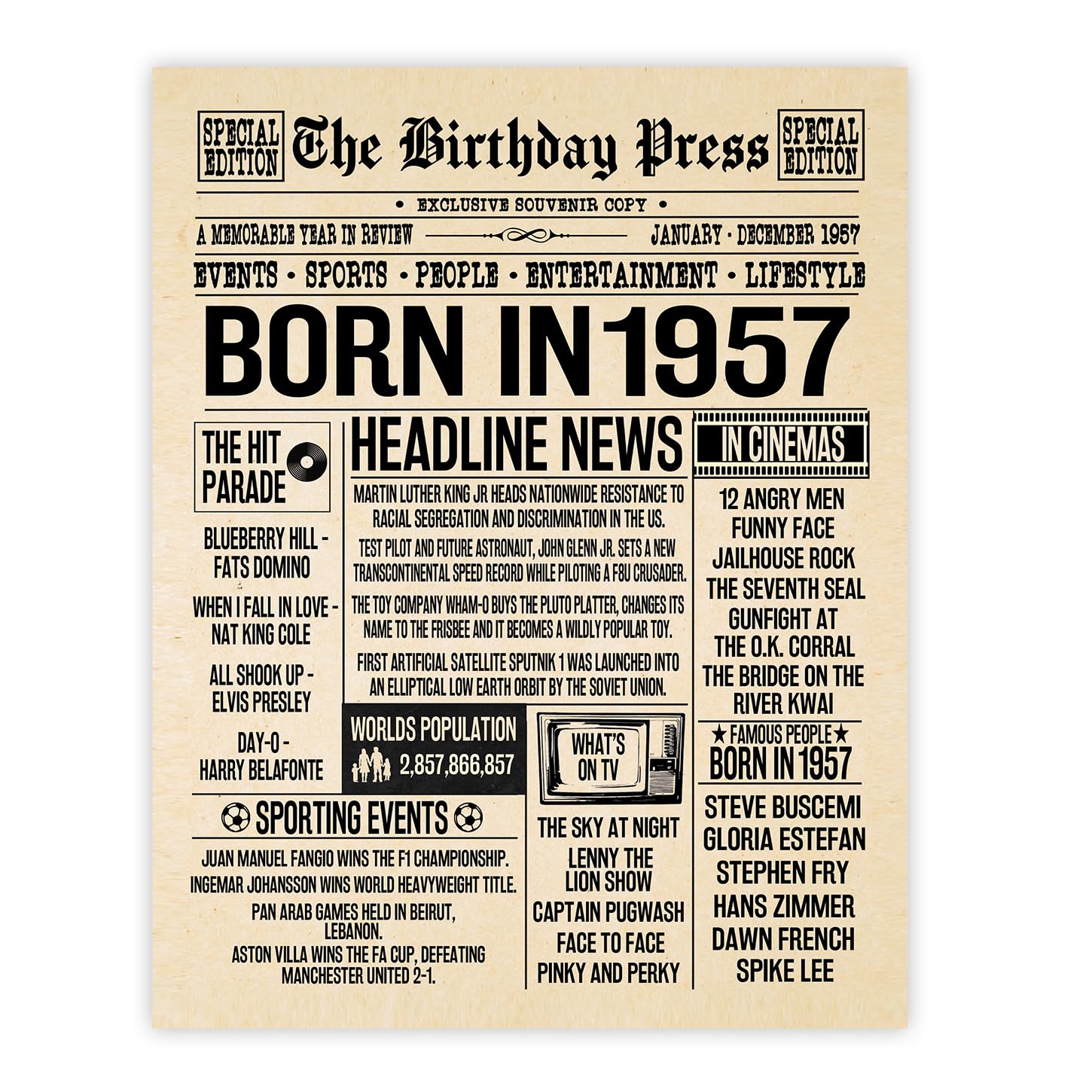 Stuff4 Men's 1957 69Th Birthday Poster Unframed - Born In Newspaper - Happy 69Th Birthday Gifts For Wo Vintage Retro Back In 8X10 Inch Bday Party Decor Decoration