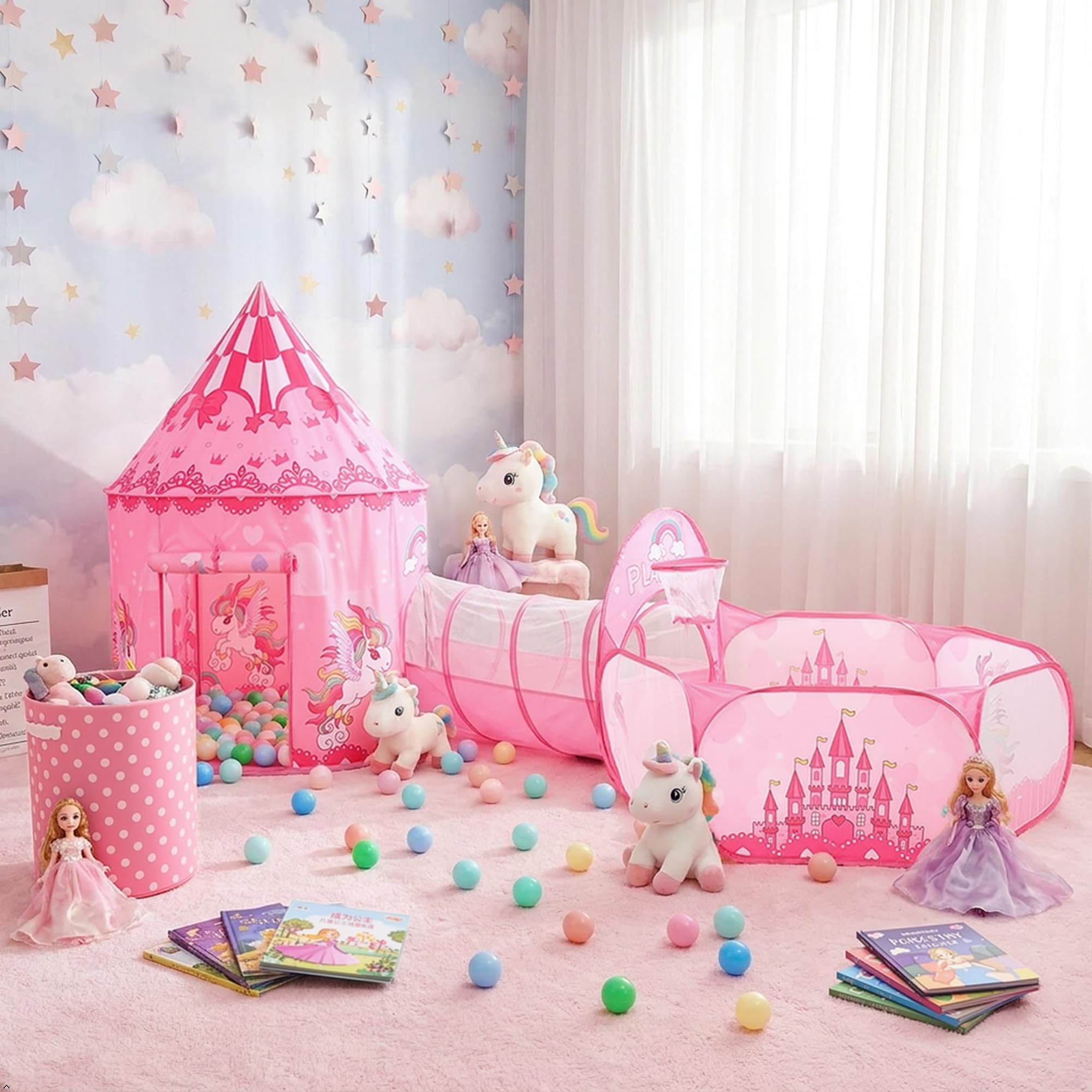 Tienda de campaña Infantil, Castillo Princesa 3 en 1 con Tienda, Túnel y Piscina de Pelotas