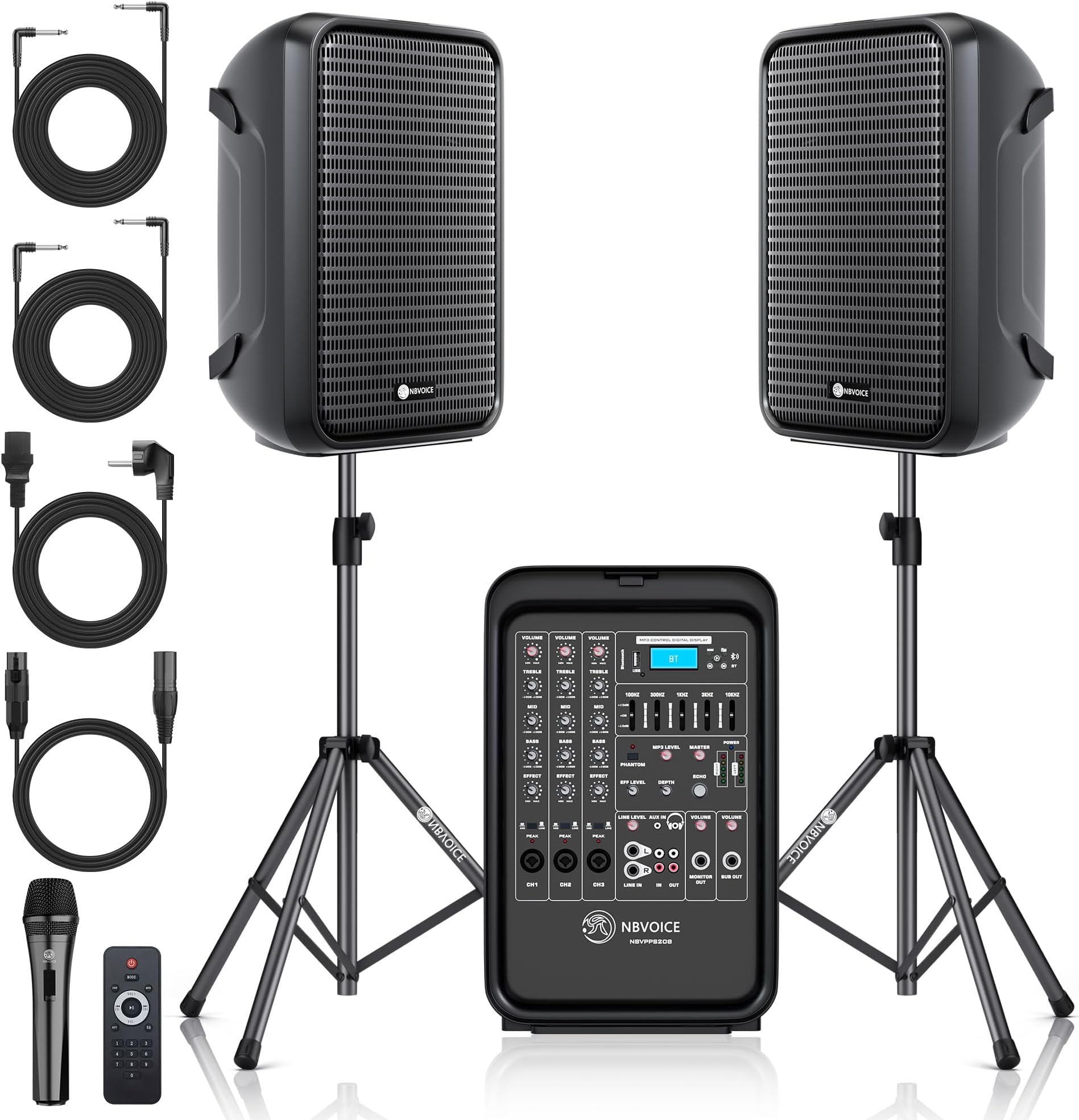 NBVOICE Professional Portable All-in-One Integrated 2-Way PA System Fixed Setup, Suitcase Design w/ 8-Channel Mixer, 2 Speaker Stands, Bluetooth, Mic for Performances, Presentations