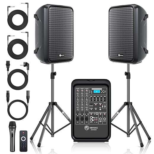 Professional Portable All-in-One Integrated 2-Way PA System Fixed Setup, Suitcase Design w/ 8-Channel Mixer, 2 Speaker Stands, Bluetooth, Mic for Performances, Presentations