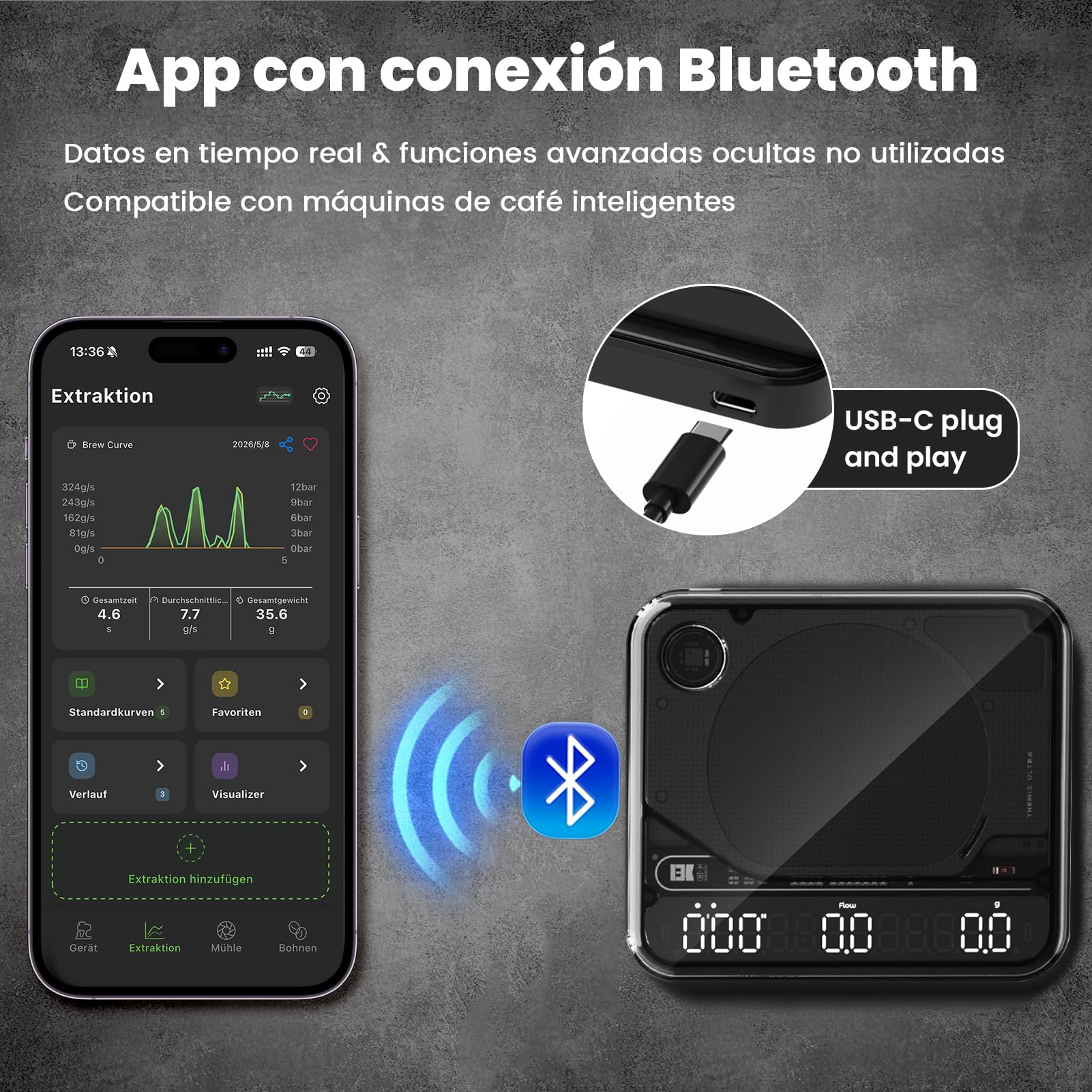 BOOKOO Báscula de Café con Temporizador, Báscula Espresso 0,1 g, 2000 g, 4 Modos, Bluetooth App, Control de Flujo, IP67, Batería 2000 mAh 72 h, USB-C, Espresso y Pour Over, Negra