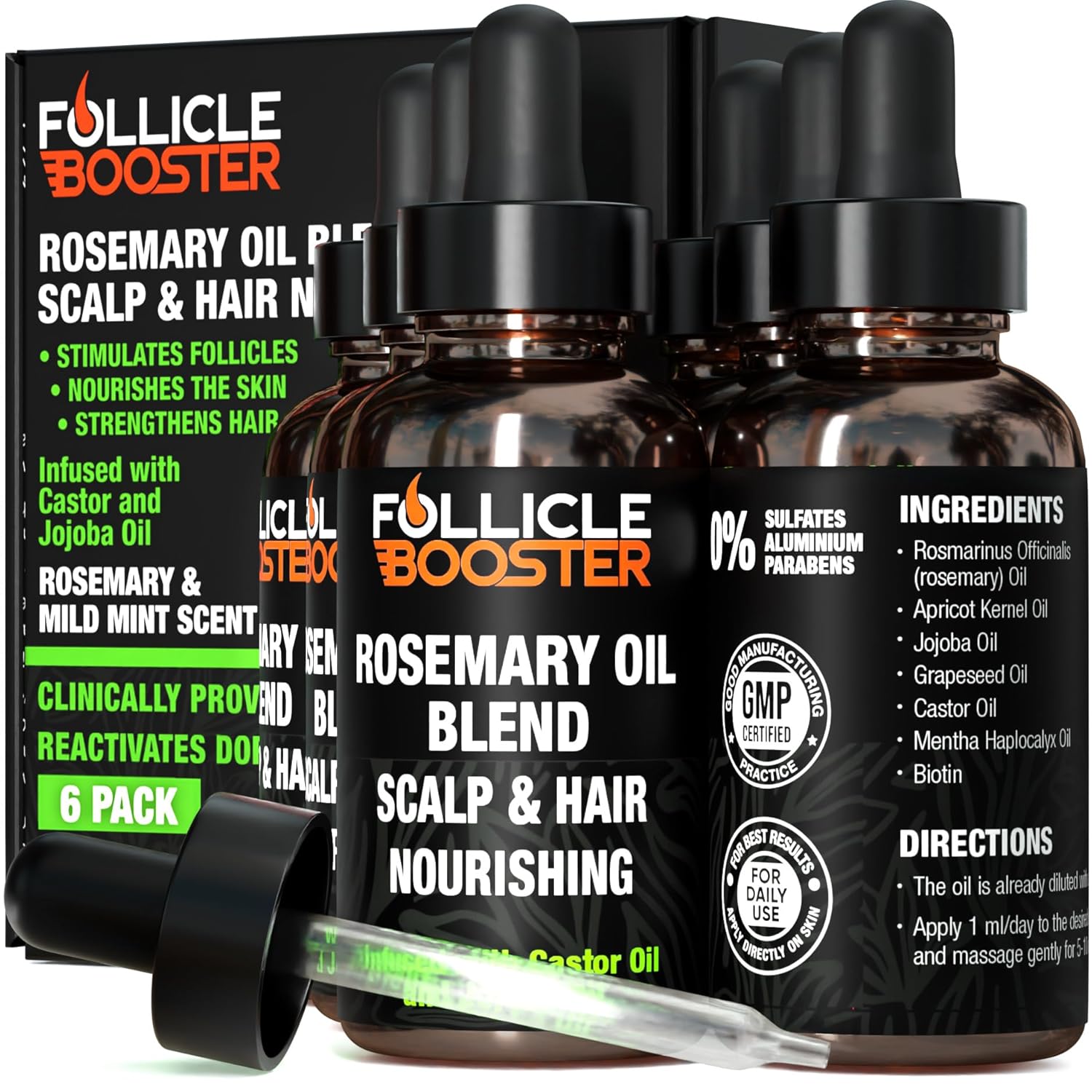 Follicle Booster Rosemary Oil Blend - Mint, Castor, Jojoba & Biotin added - Supports Hair Growth, Strengthens Follicles, Nourishes Scalp - For Adults & Teens - 3 Pack