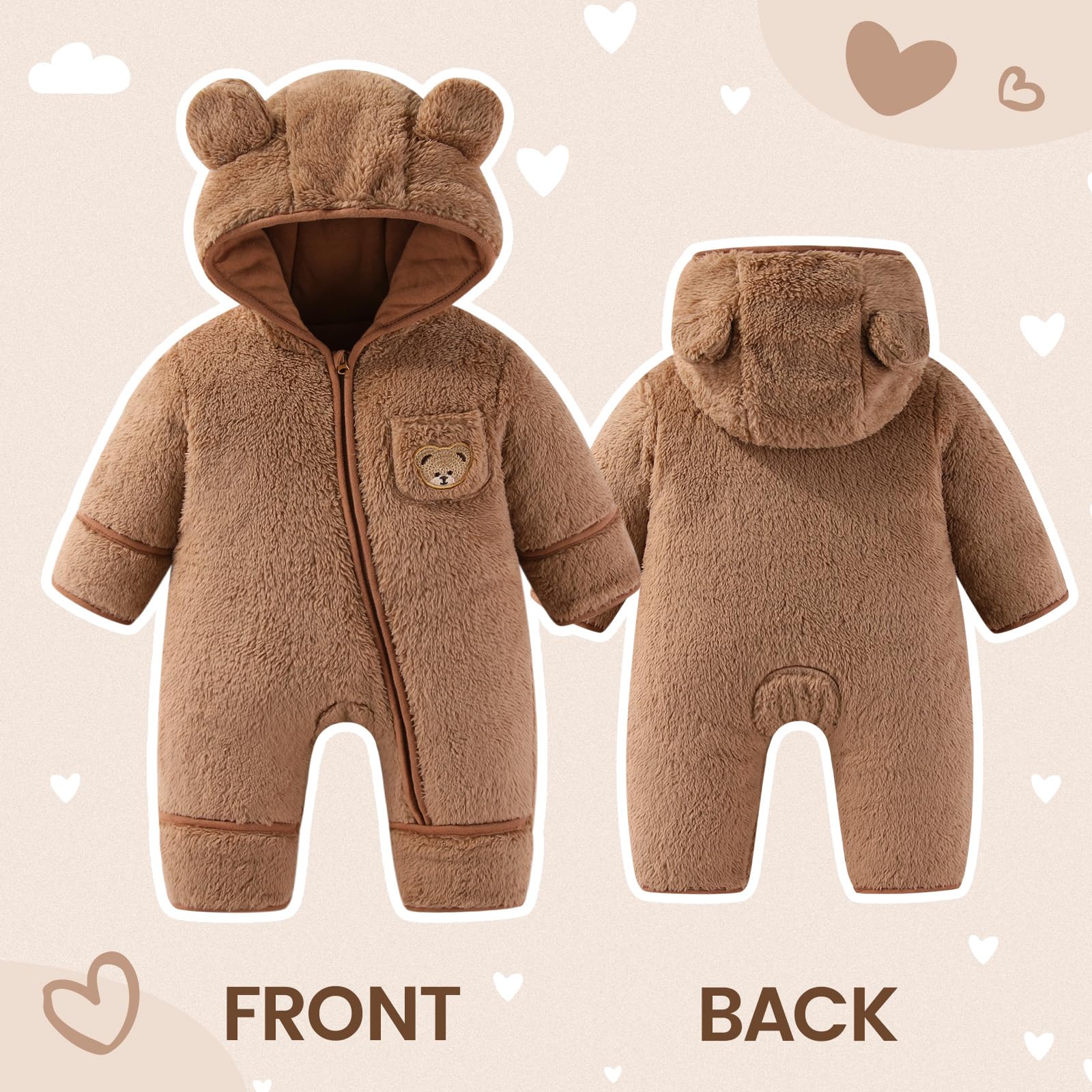 WYTbaby Combinaison d'hiver en polaire pour bébé garçon et fille de 0 à 12 mois - Avec capuche