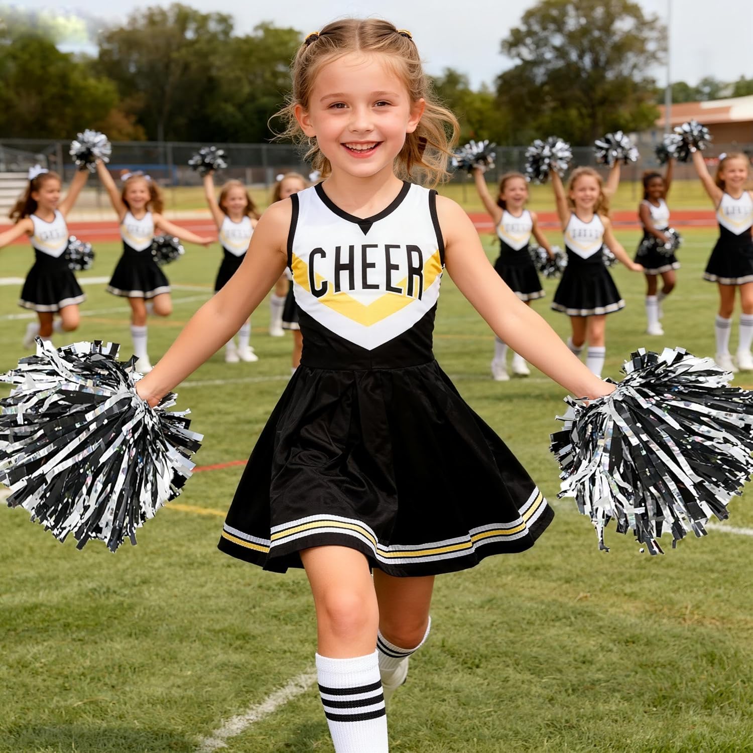 Cheerleader Costume for Girls Cheerleader Outfit for Kids Cheerleading Dress with Pom Poms for Halloween Dress Up - Image 3