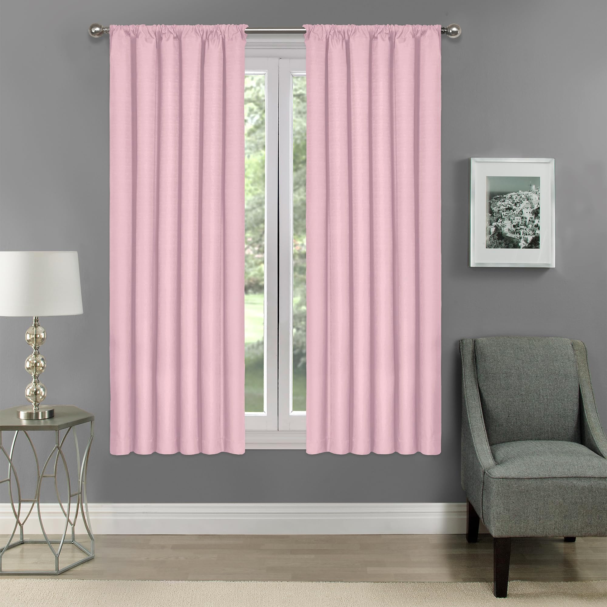 Photo 1 of Eclipse Kendall Modern Blackout Thermal Rod Pocket Window Curtain, Insulating & Noise Reducing Curtains for Bedroom or Living Room (1 Panel), 63 in Long x 42 in Wide, Soft Pink