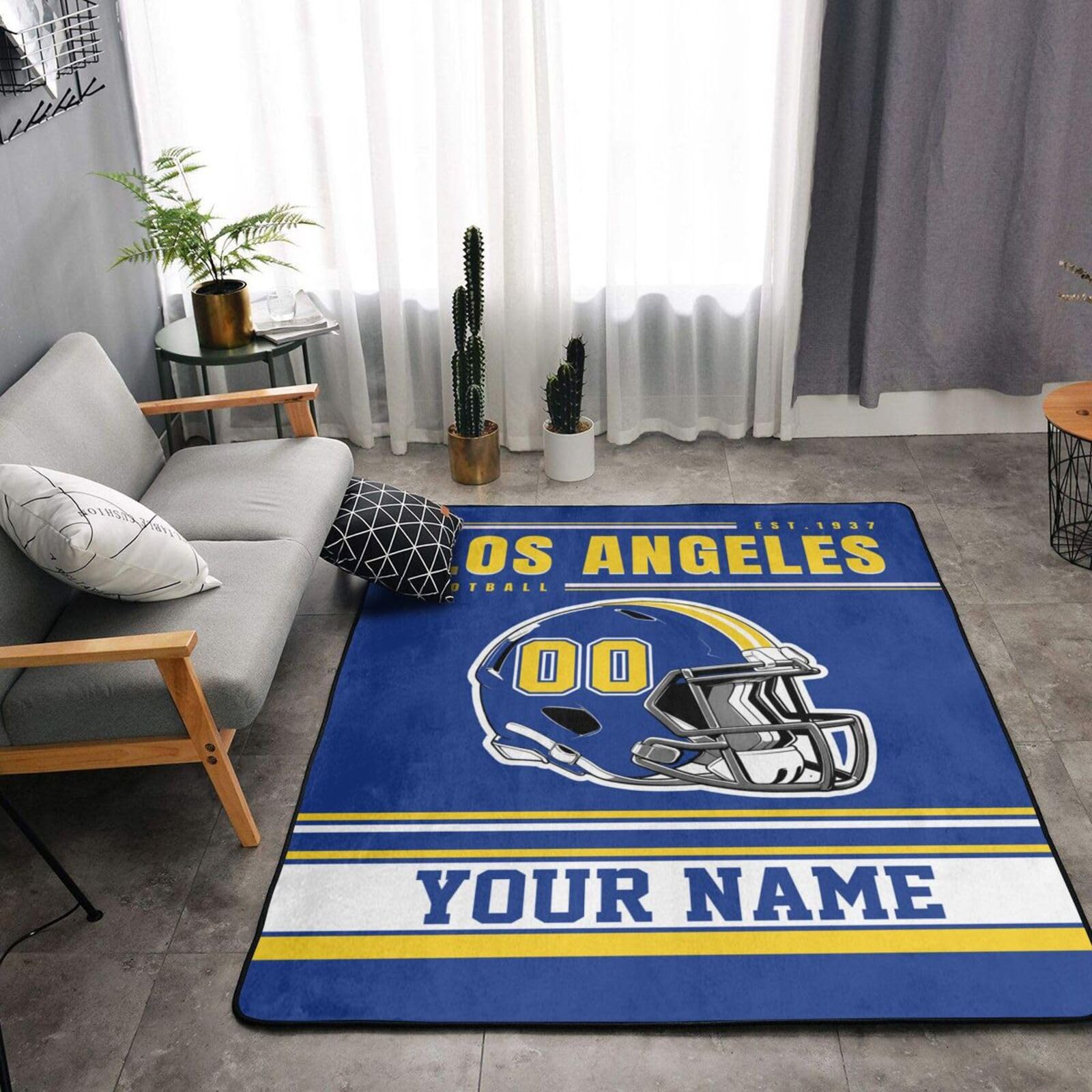 Custom Football Rug, Personalized Los Angeles R Area Carpet with Name Number, Customized Sports Rugs Gifts for Fans Living Room Bedroom Bathroom Kitchen Office Garden Balcony Decor, Large Size