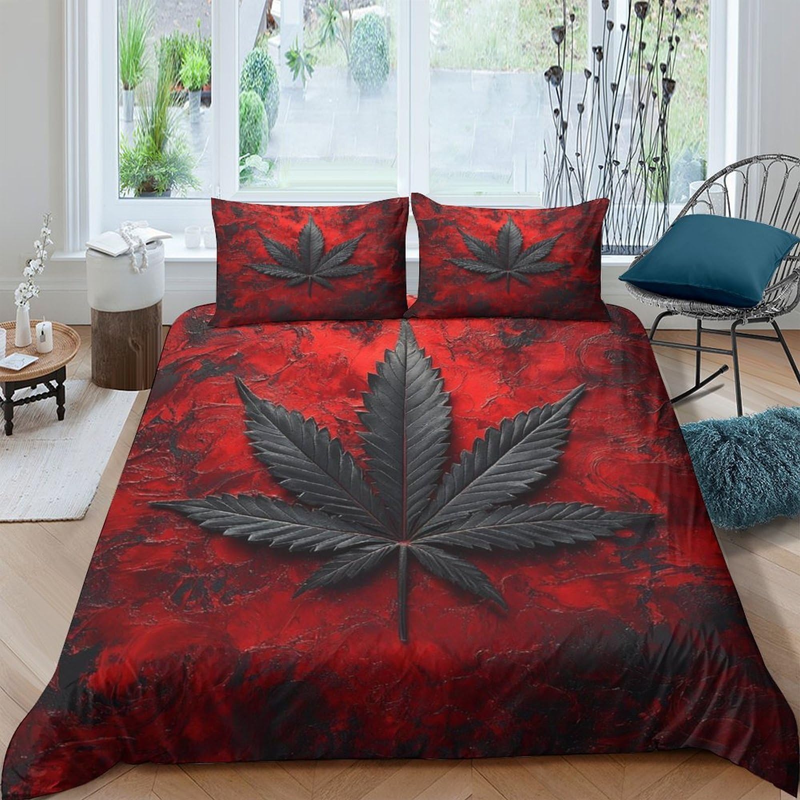 Ctjqhvkz Style-9 3D Printed Black Leaf Fitted Sheet Microfiber Red Artistic Smoke Mattress Cover For Bedroom Dorm Decor Easy Care Single（135X200cm）