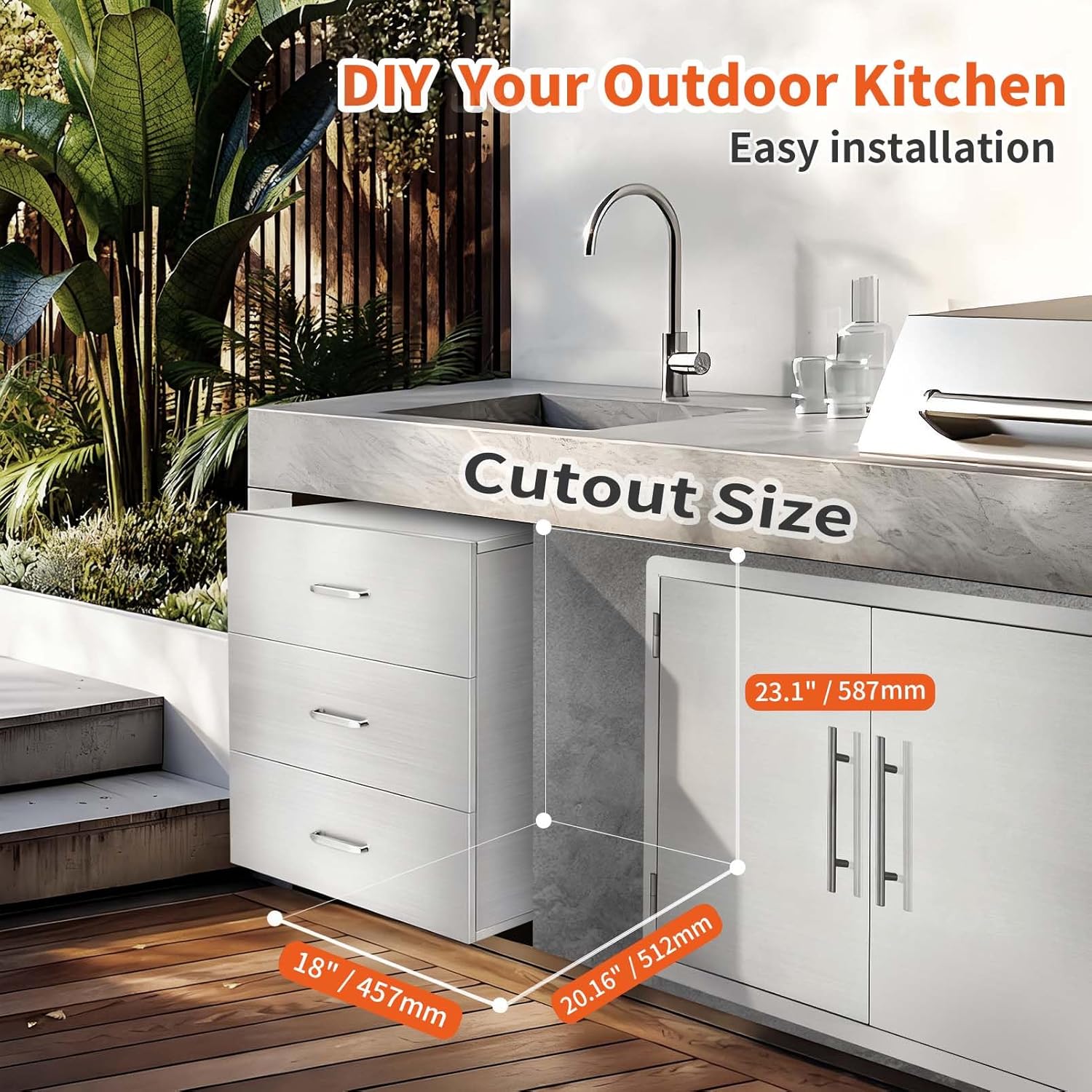 JIEJIN Outdoor Kitchen Drawers Stainless Steel Triple BBQ Island Drawer Flush Mount Outdoor Kitchen Cabinets with Handles with Wheels for Outdoor Kitchens or BBQ Island Patio Grill Station, Silver