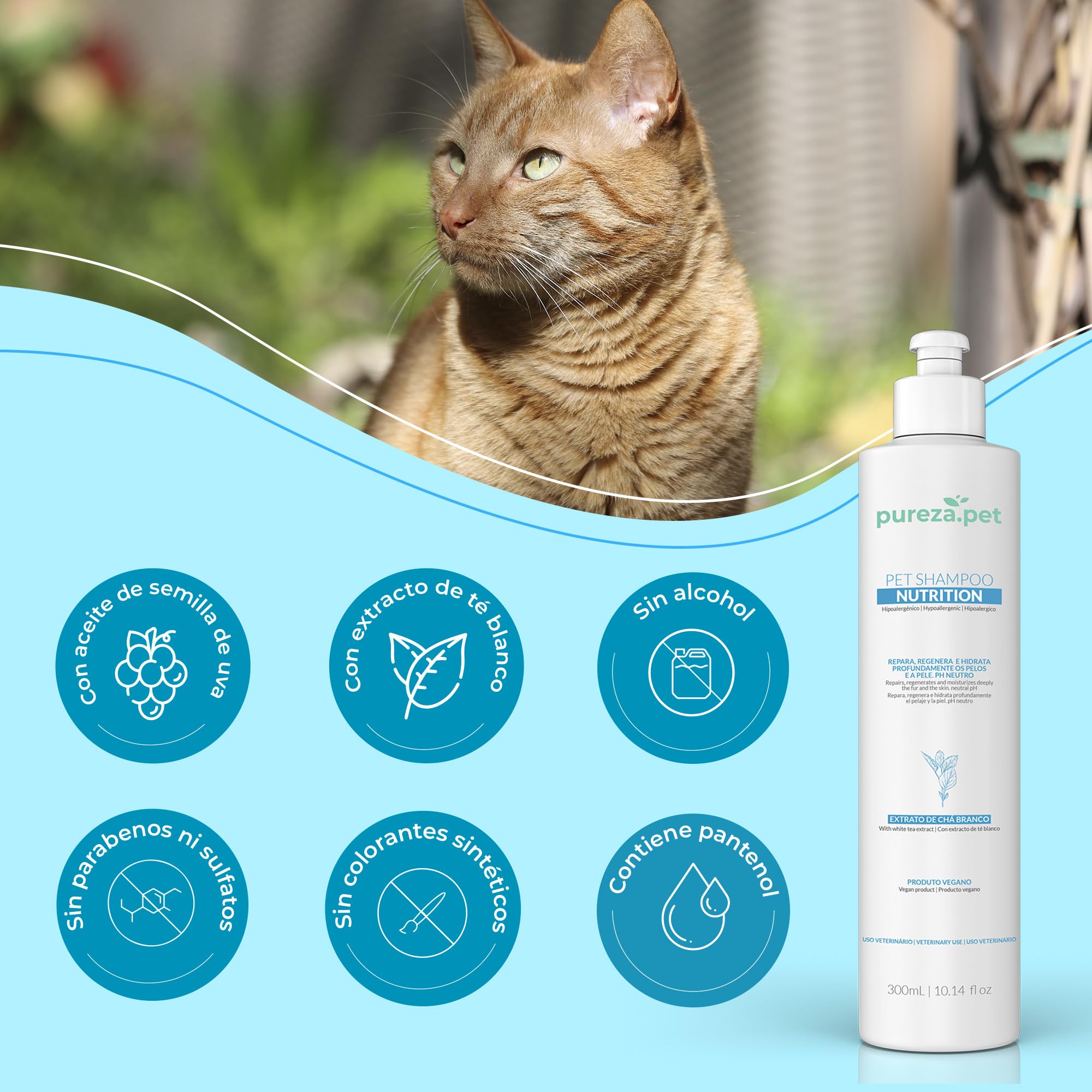 PUREZA PET Champú Nutrition Pro Hipoalergénico 1L - Línea Profesional - Nutrición y Reestructuración del Pelo de Perros y Gatos - Vegano, Sin Parabenos, Silicona y Sulfatos
