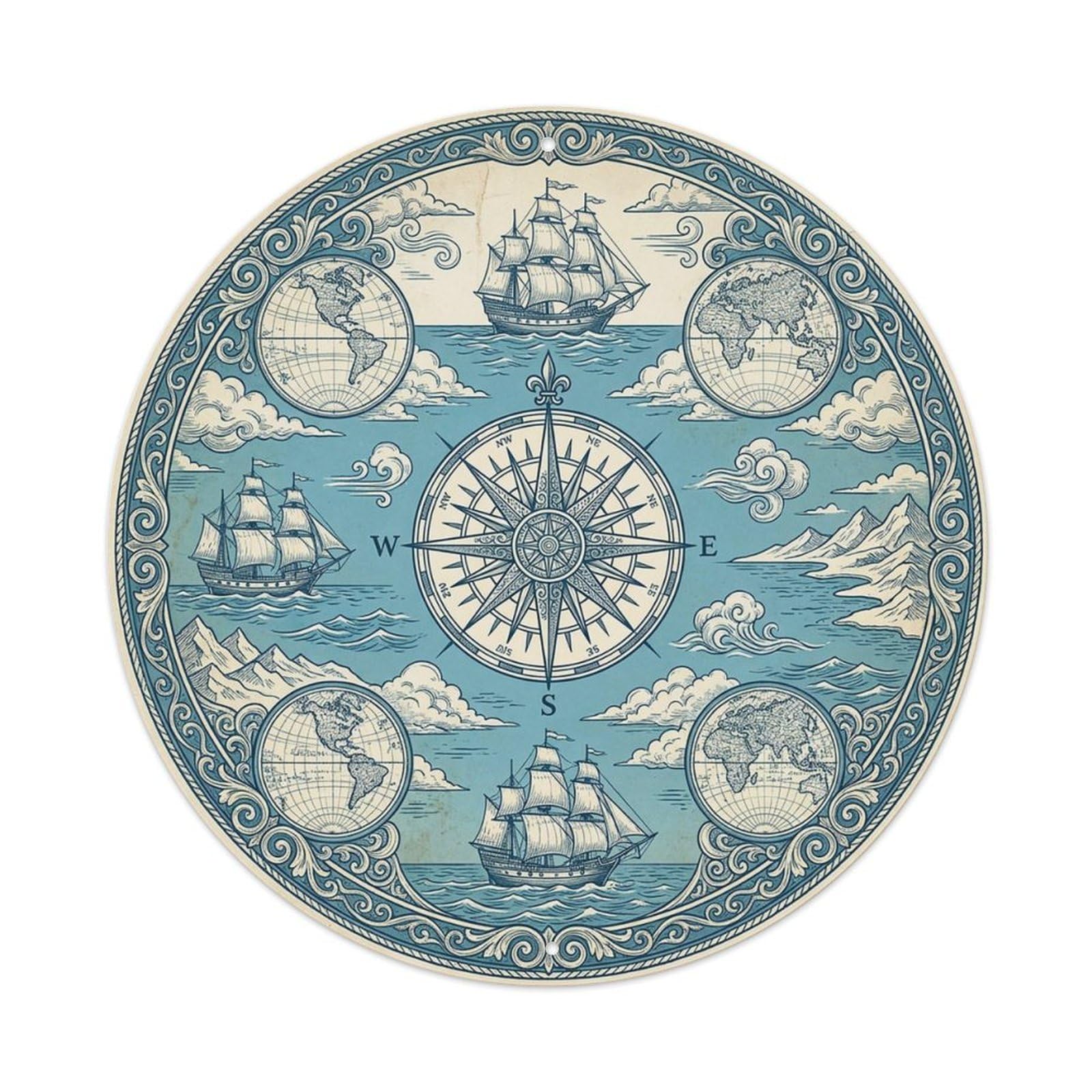 Vintage Nautical Compass World Map Scroll Path Metal Tin Sign