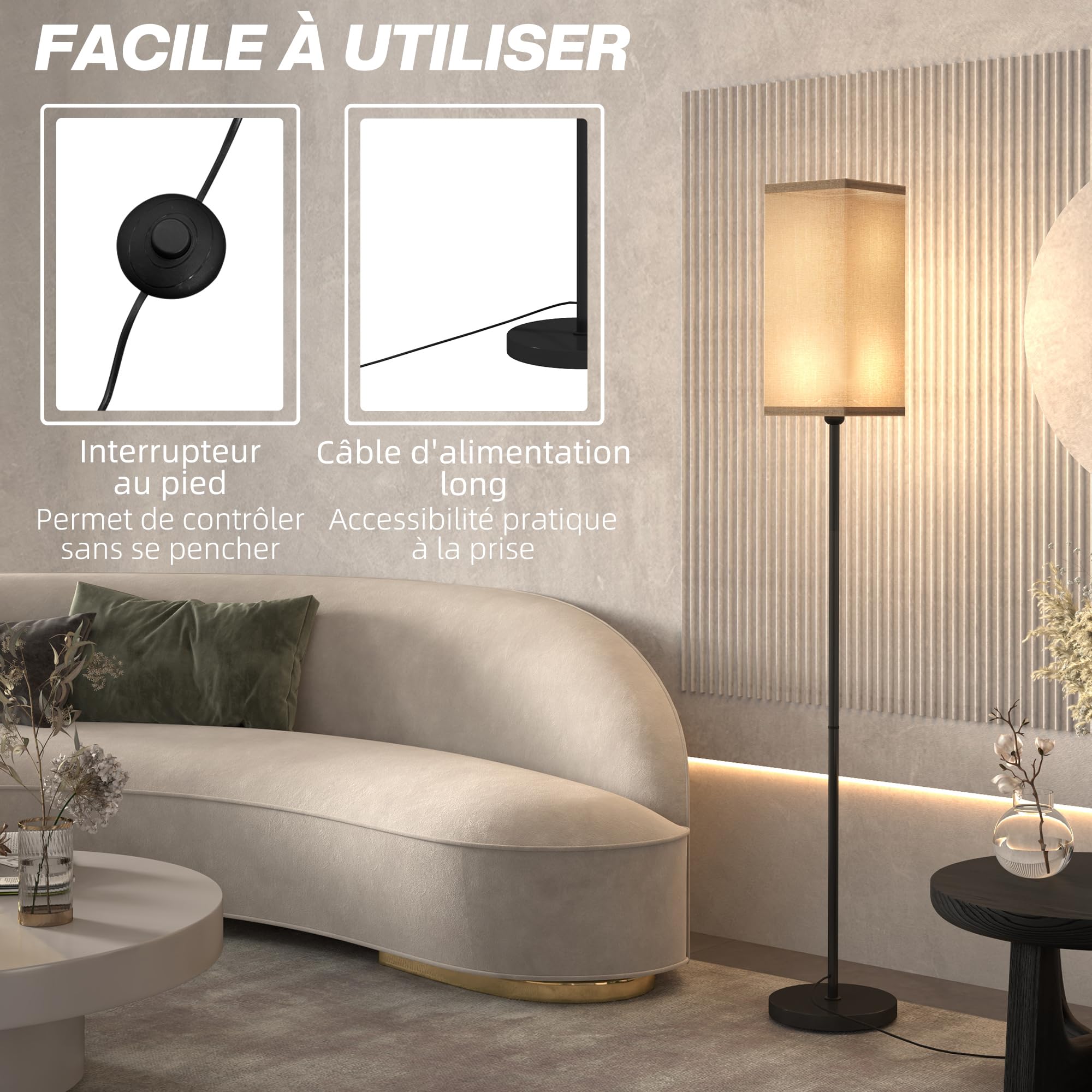 HOMCOM Lampadaire sur pied salon, lampe salon sur pied, avec abat-jour beige effet lin, interrupteur, pour chambre à coucher, noir