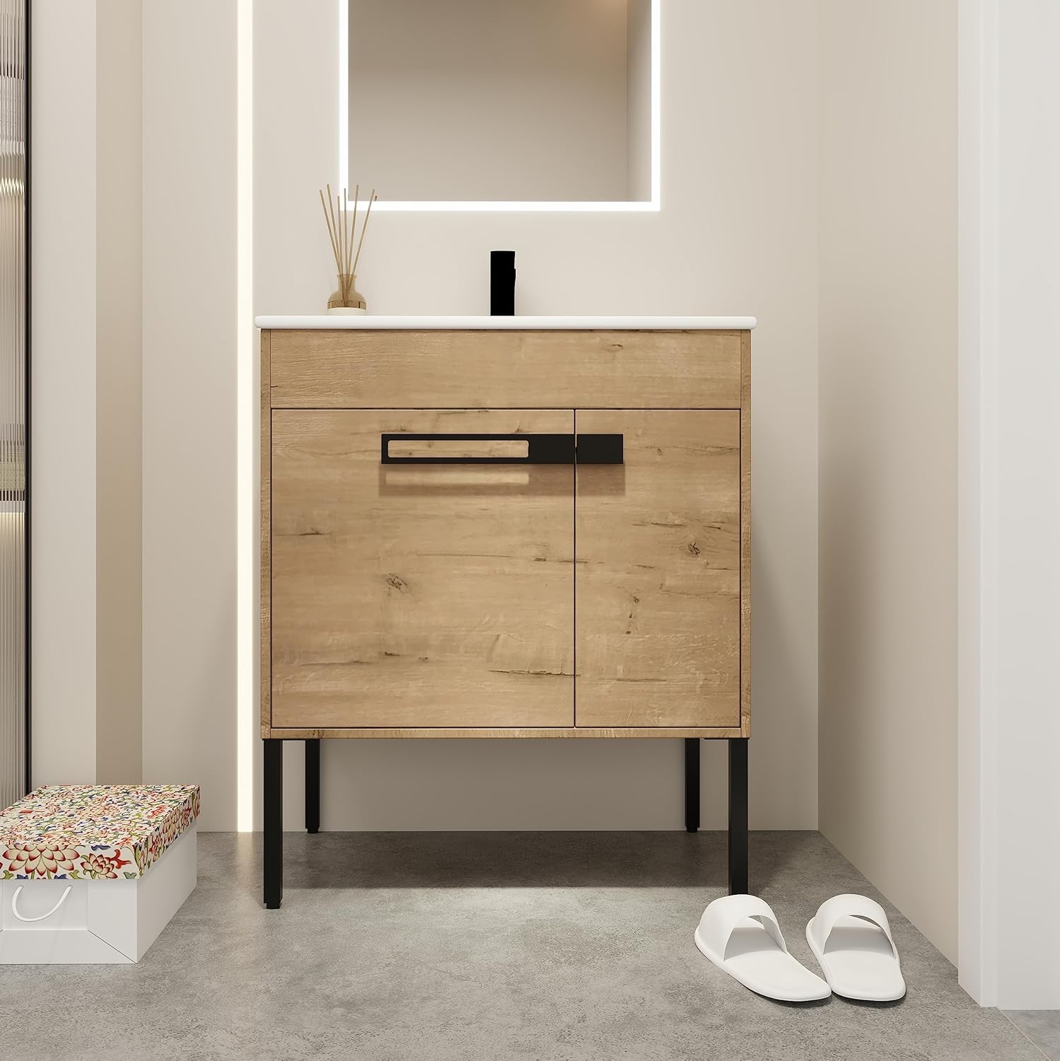 Goujxcy 30-inch Freestanding Bathroom Vanity Combo with White Ceramic Sink and Integrated Single Sink for Bathroom, Full Assembly Required (Oak3-30'')
