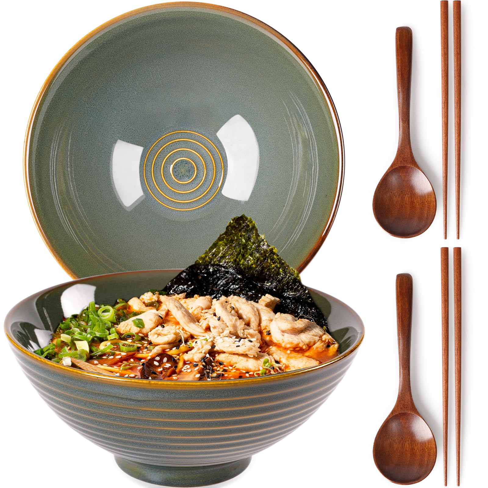 NUTRIUPS 8 Inch Ceramic Ramen Bowl Set of 2 Pho Bowls 40oz Japanese Noodle Udon Soup Bowls with Spoons and Chopsticks (Deep Ocean Green)