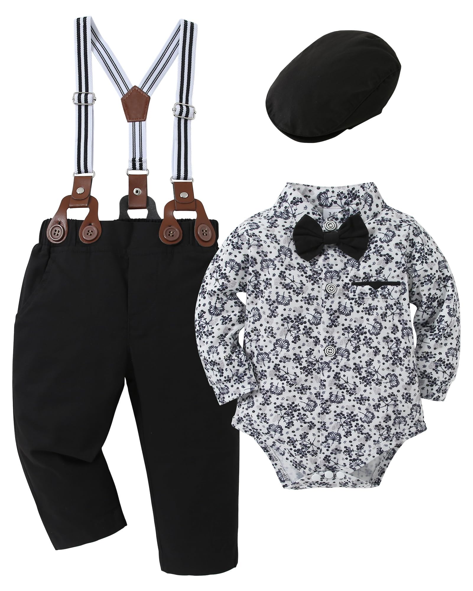 SOLOYEE Baby Boy Clothes Suits 6-9 Months Baby Boys Formal Wedding Outfits Long Sleeve Dress Shirt + Suspender Pants + Bowtie + Beret Gentleman Clothing Set (Capri Blue, 6-9 Months) — view 4