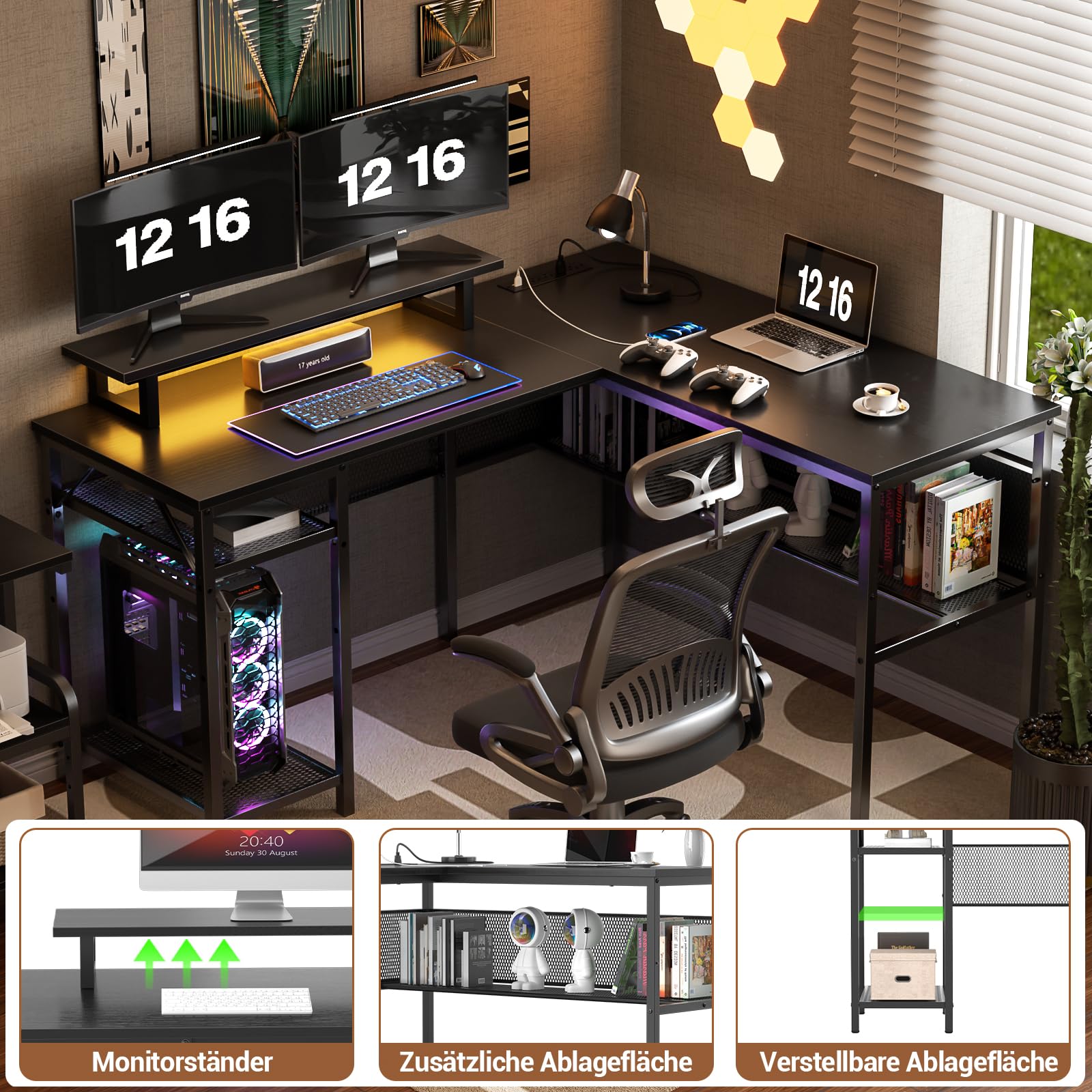 iSunirm L-förmiger Gaming-Schreibtisch, 141x117x76 cm, Computertisch mit Ablagefach, Büroschreibtisch mit umkehrbarem Ecktisch für Studium, Spielen, Homeoffice,Schwarz