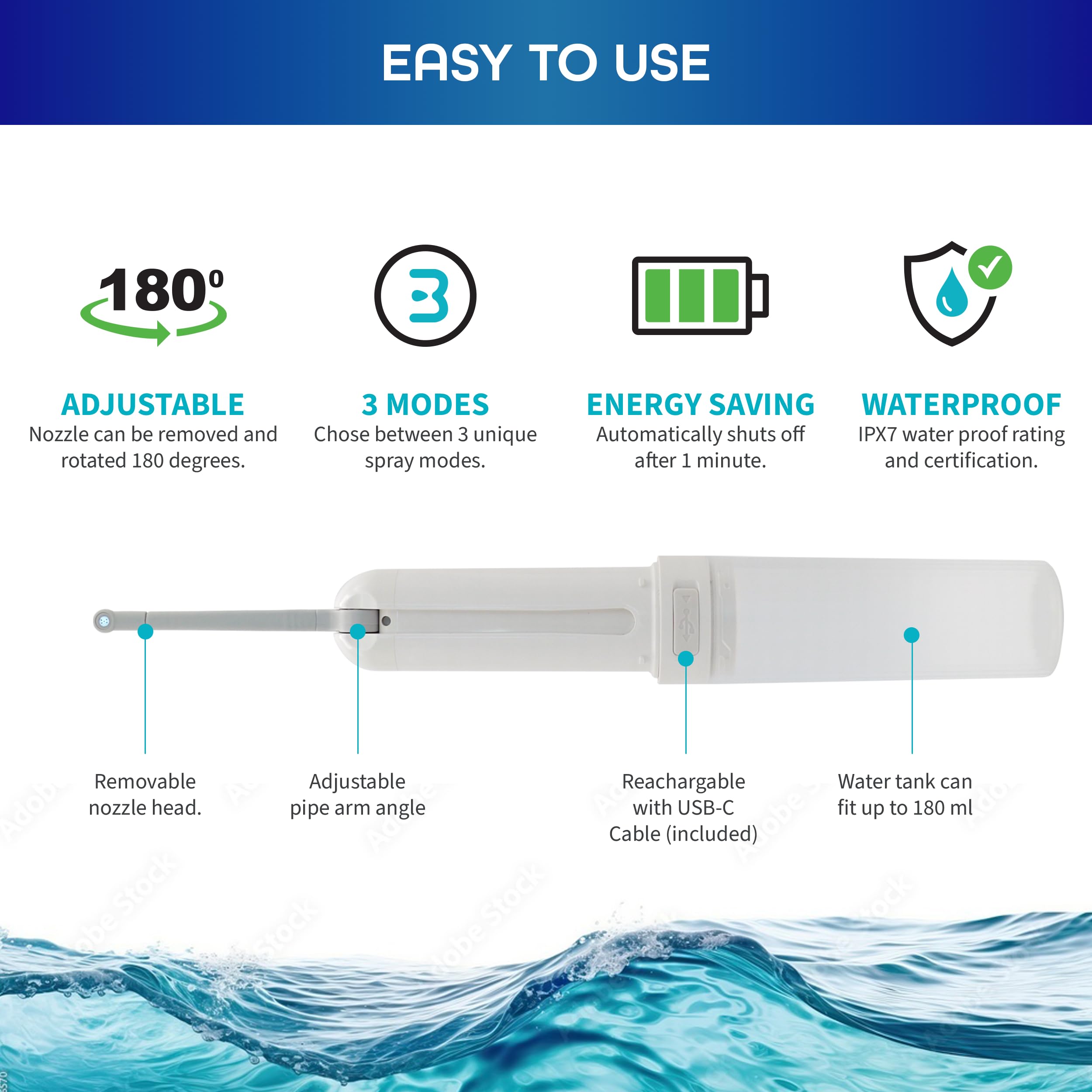 Bidé portátil para viajes, 3 ajustes de presión, recargable por USB, boquilla ajustable, diseño ligero y compacto para el cuidado de la higiene personal, ideal para hombres, mujeres y bebés