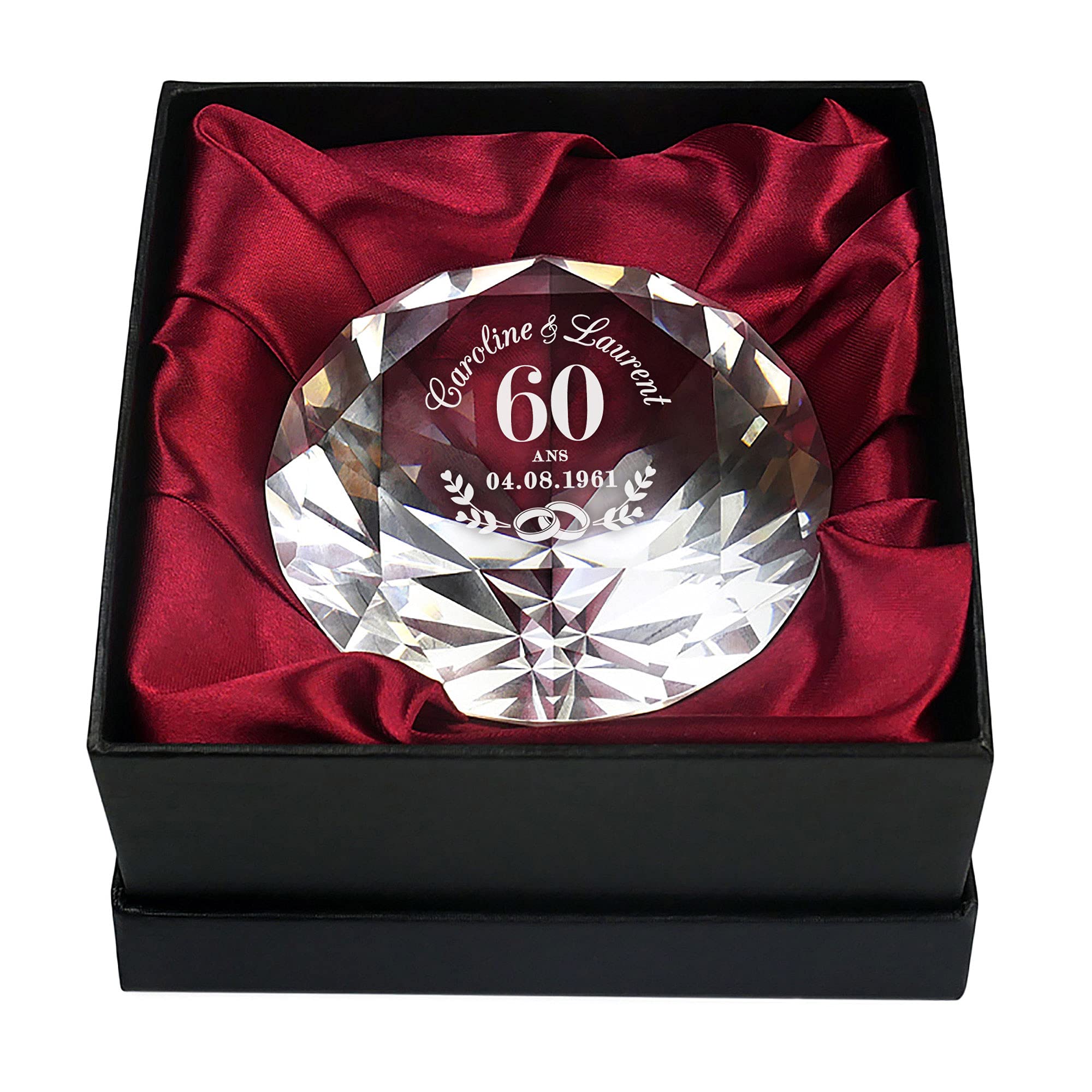 Casa Vivente Presse-Papier en Verre, Cristal en Forme de Diamant avec Gravure Personnalisée pour Les Noces de Diamant et Écrin, Idée Cadeau pour Le 60e Anniversaire de Mariage, Accessoires Décoratifs