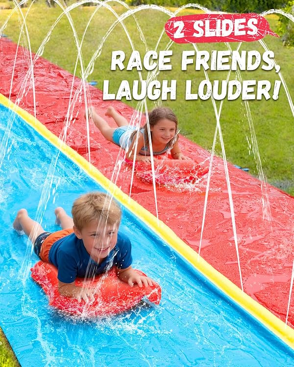 Spring Water 30ft Slip and Water Slide for Kids Backyard, Extra Long 2 Lanes Slip n Water Slide with Sprinkler, Gaint Water Slides with 2 Inflatable Bodyboards Outdoor Fun Summer Water Toys by Spring Water - Used condition - Image 2