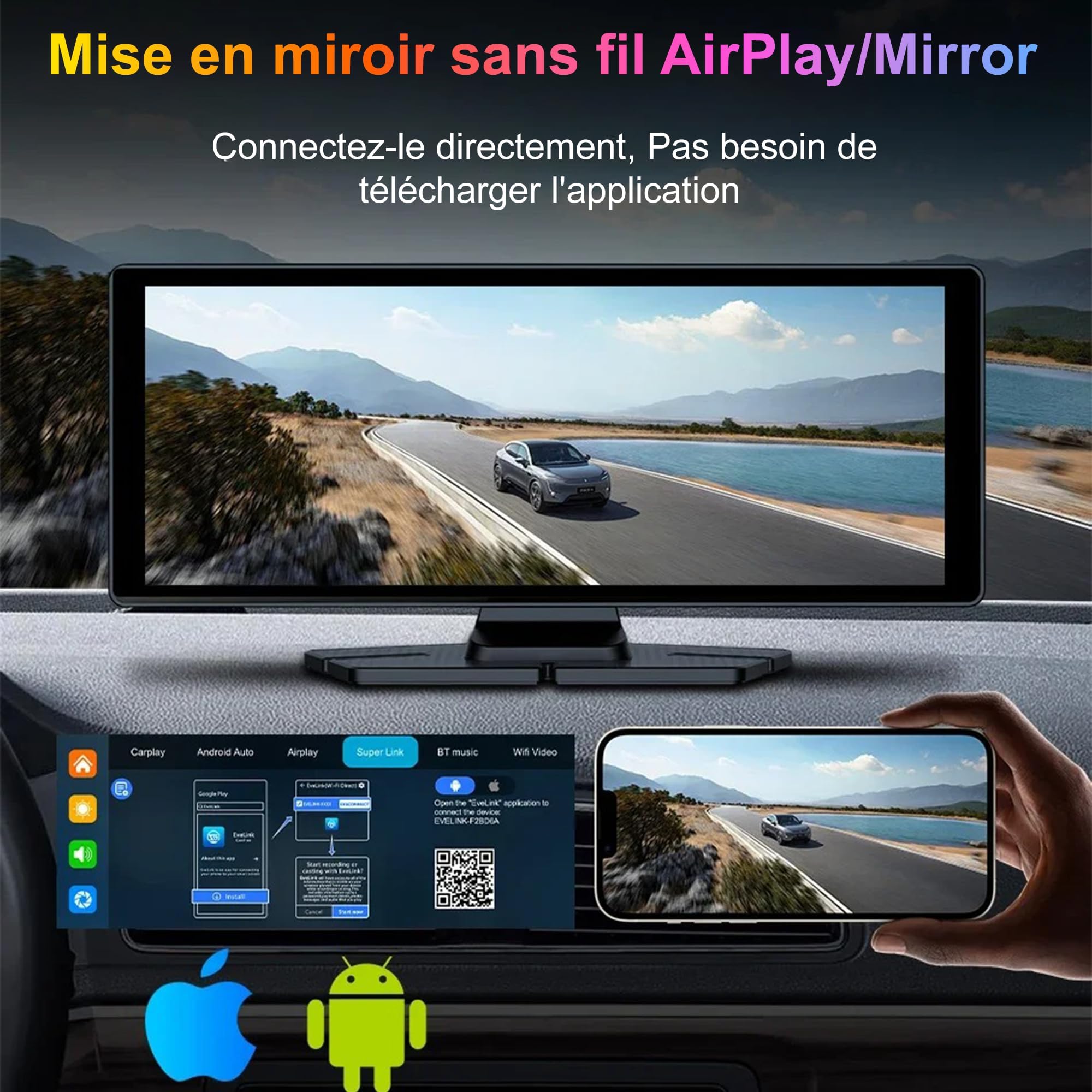 Schermo CarPlay per auto e Android senza fili da 10,26 pollici, IPS – Dashcam 4K + telecamera posteriore 1080p – Autoradio Bluetooth FM AUX – Plug & Play USB-C, scheda 64 GB – CarByNevo D4 Pro