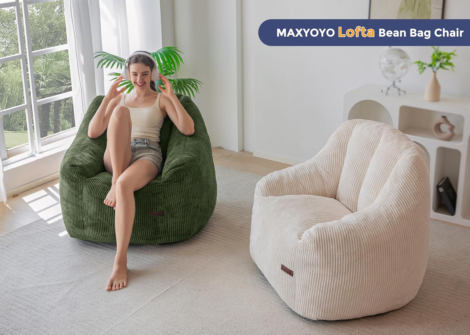 MAXYOYO Bean Bag Chair, Bean Bag Sofa with Filler, Cozy Living Room Chair for Adults and Kids, Stuffed Floor Sofa for Bedroom Dorm Reading, Dark Green