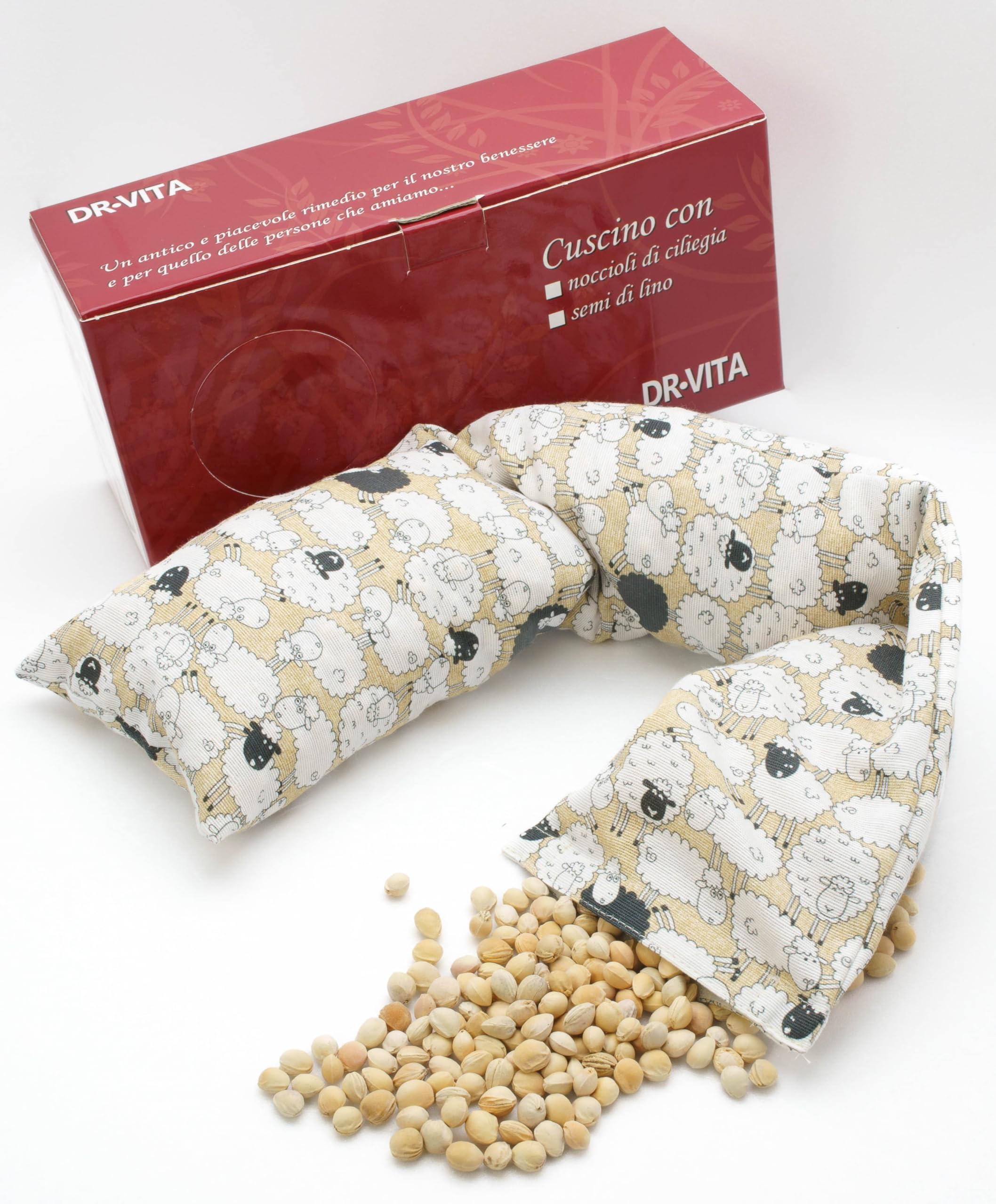 Fascia con noccioli di ciliegia sfoderabile e lavabile scaldacollo per mal di pancia, febbre alta (900gr. - 58x12x5cm) con Pecorelle. Terapia caldo freddo. Prodotto in Emilia Romagna