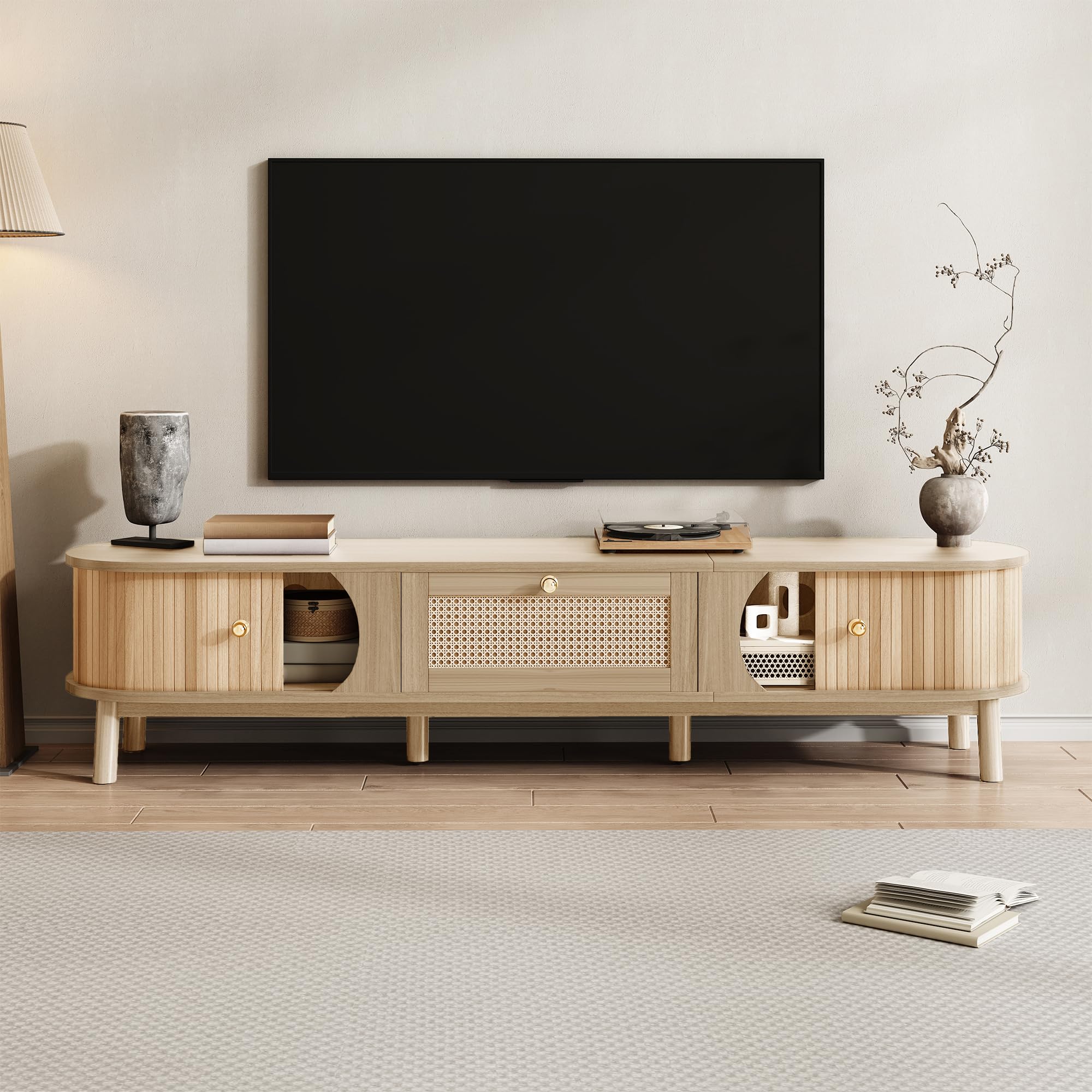 Merax TV cabinet TV Stand Storage Sideboard with solid natural wood doors and rattan drawers, rustic Entertainment Center for Living Room Media Console for TVs, oak color,170Lx39.5Wx38 H (cm) — image 1