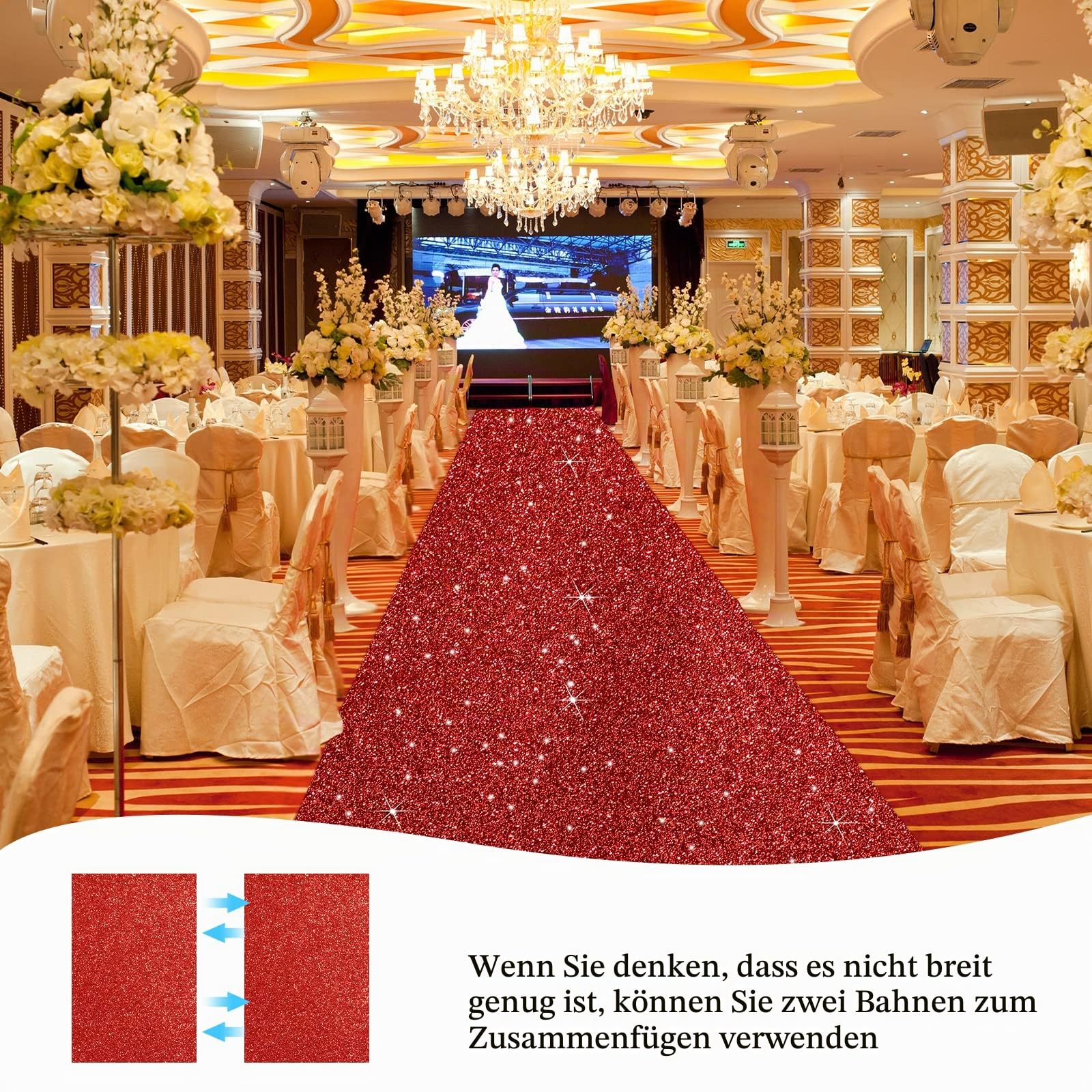 Tatuo Teppichläufer, Landebahn-Teppich, 55 g/m², mit Teppichband, für Abschlussball, Hochzeit, Halloween, Weihnachten, Outdoor, Flur, Party, 6 x 9 m, Glitzer-Rot