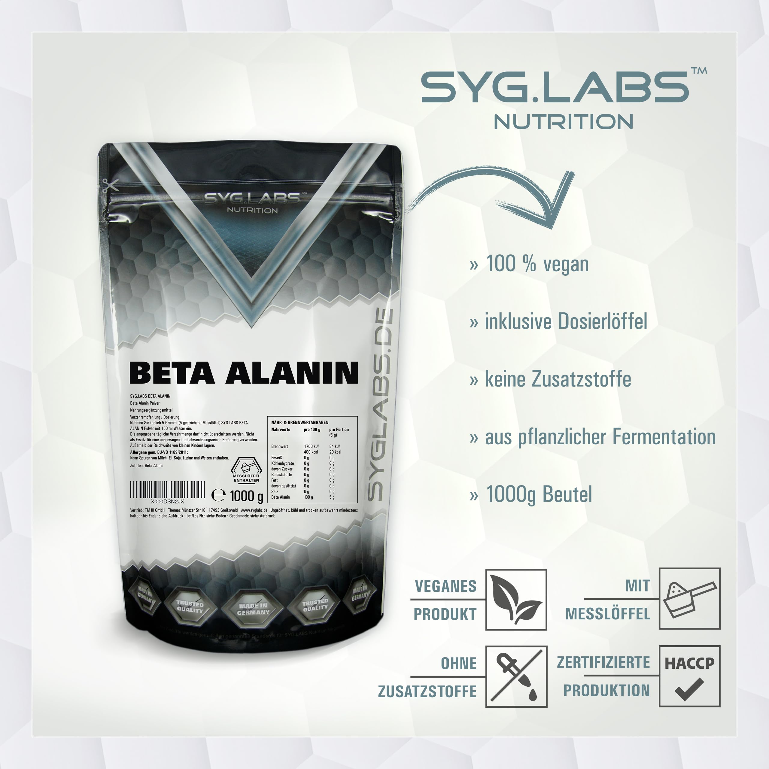 Beta Alanin - 1000g reines Beta Alanine Pulver - vegan und ohne Zusätze - mit Messlöffel