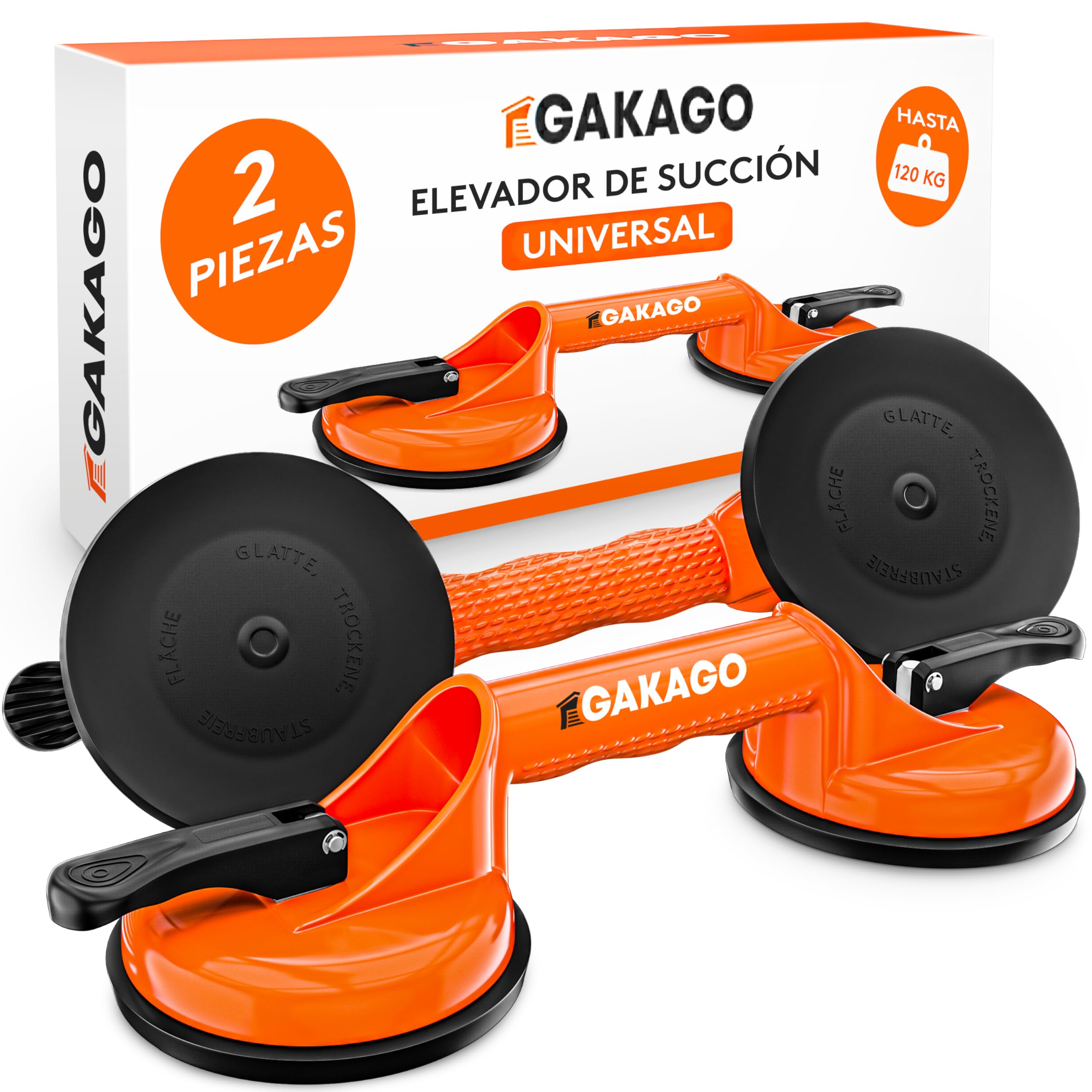 Gakago Ventosa (paquete de 2) - Asas de succión ergonómicas y antideslizantes - Ventosa con capacidad de carga de 120 kg para transportar baldosas, laminados, paneles y vidrio